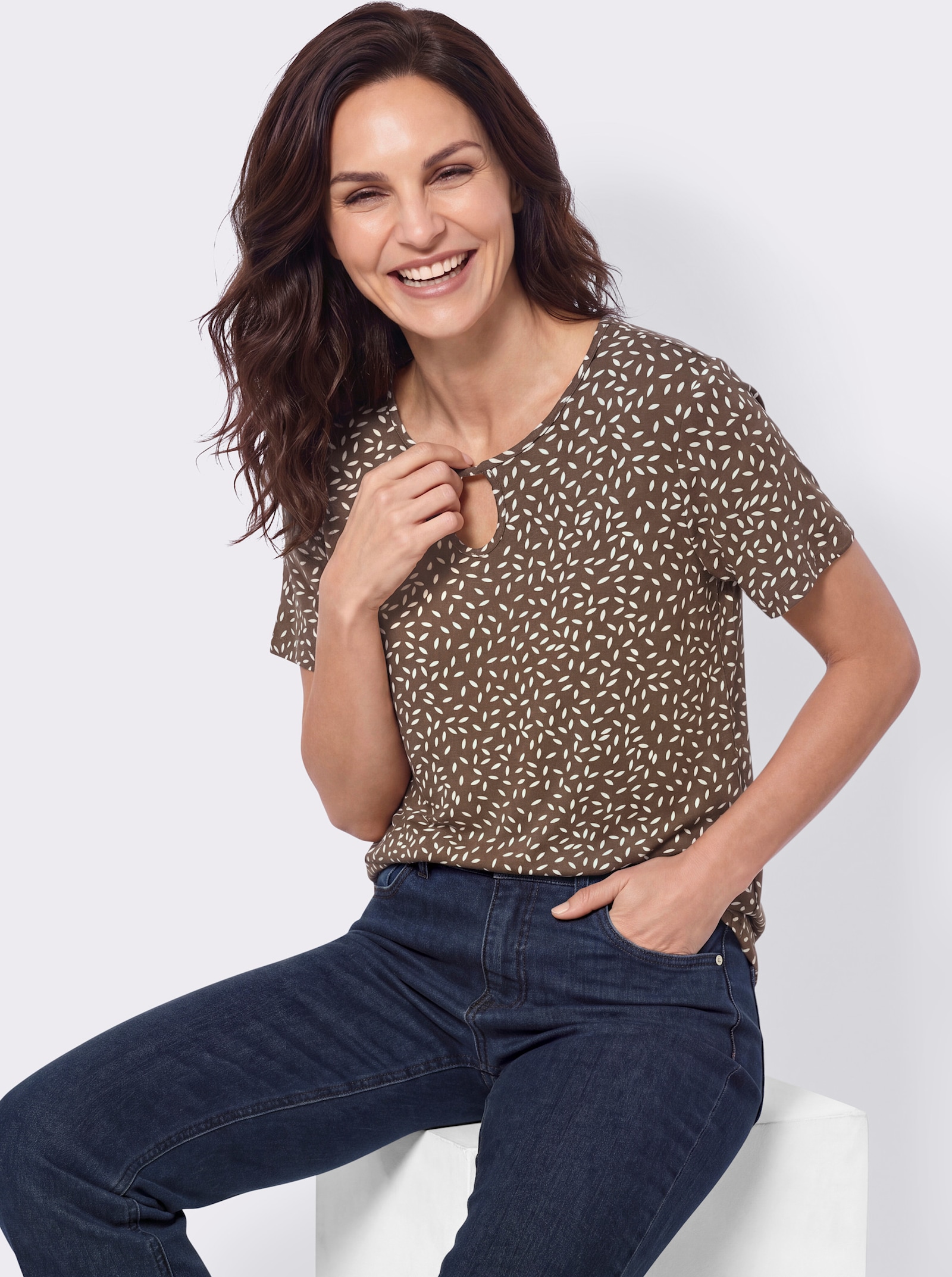 Tunikashirt mit Tropfen-Ausschnitt - braun-champagner-bedruckt