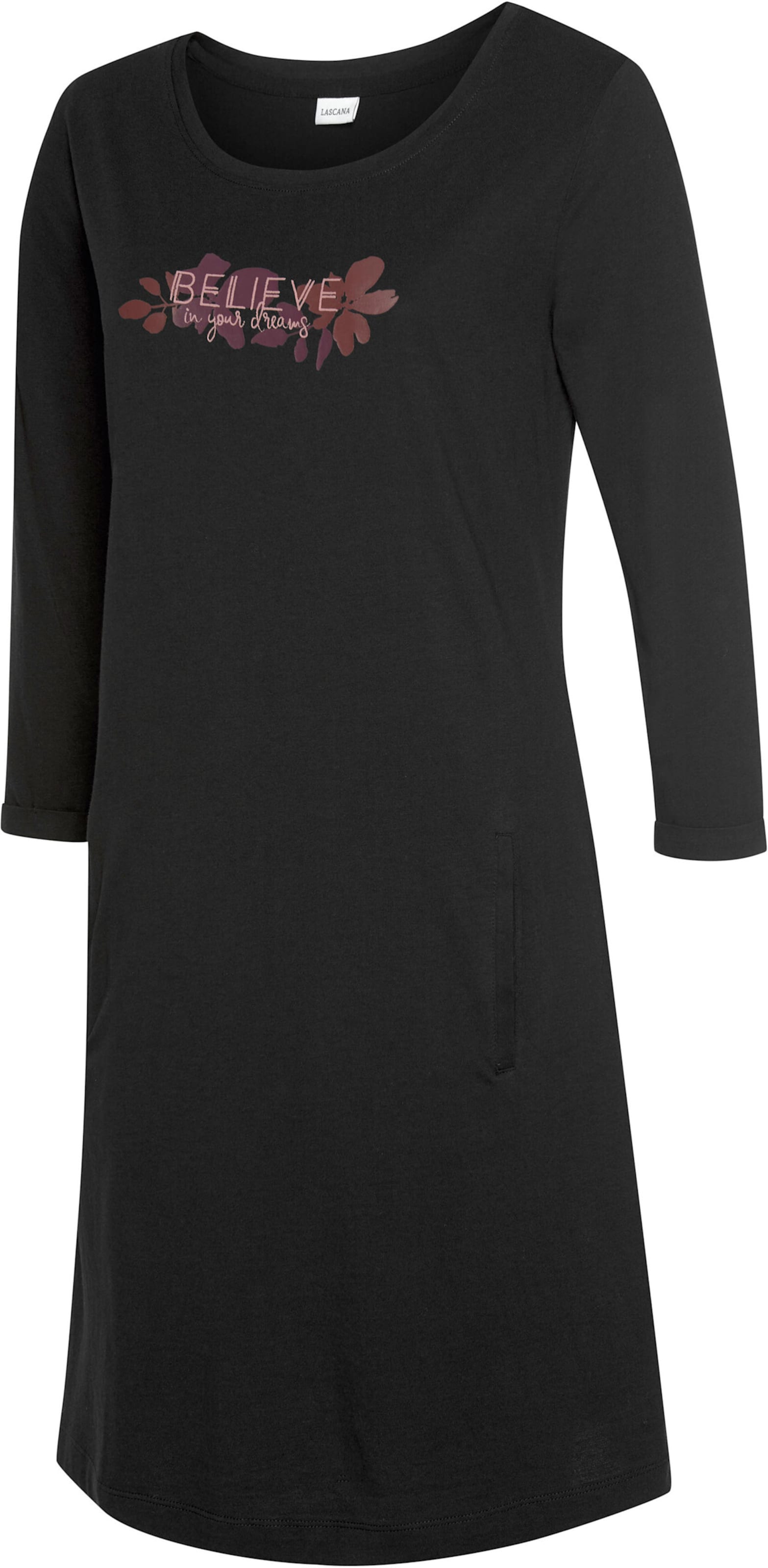 Rundhals Shirt günstig Kaufen-Sleepshirt in schwarz-violett von LASCANA. Sleepshirt in schwarz-violett von LASCANA <![CDATA[Klassisches Nachthemd mit Rundhalsausschnitt und 3/4 langen Ärmeln. Angenehme Baumwoll-Viskosequalität.]]>. 