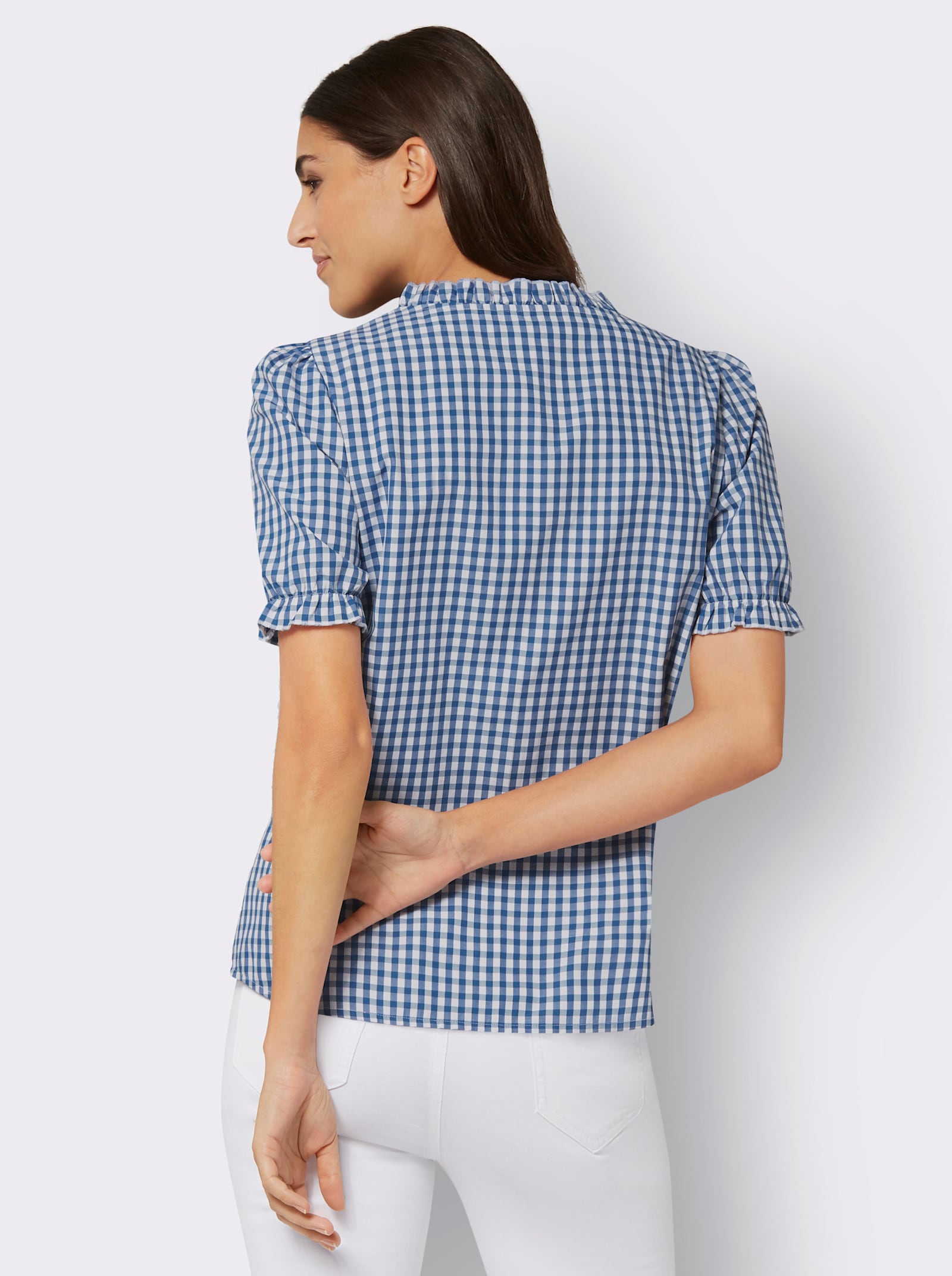 Trachtenbluse mit Stickerei - jeansblau-weiß-kariert