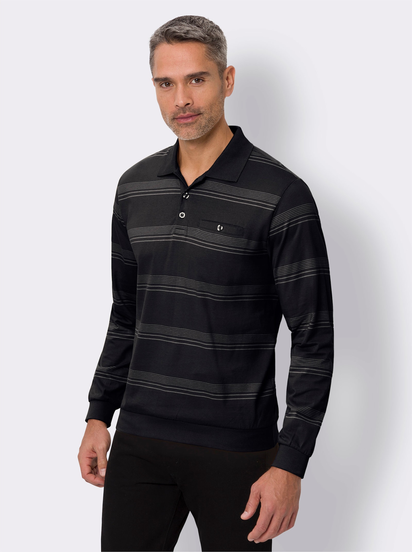 Sweatshirt mit Polokragen - schwarz-hellgrau-geringelt