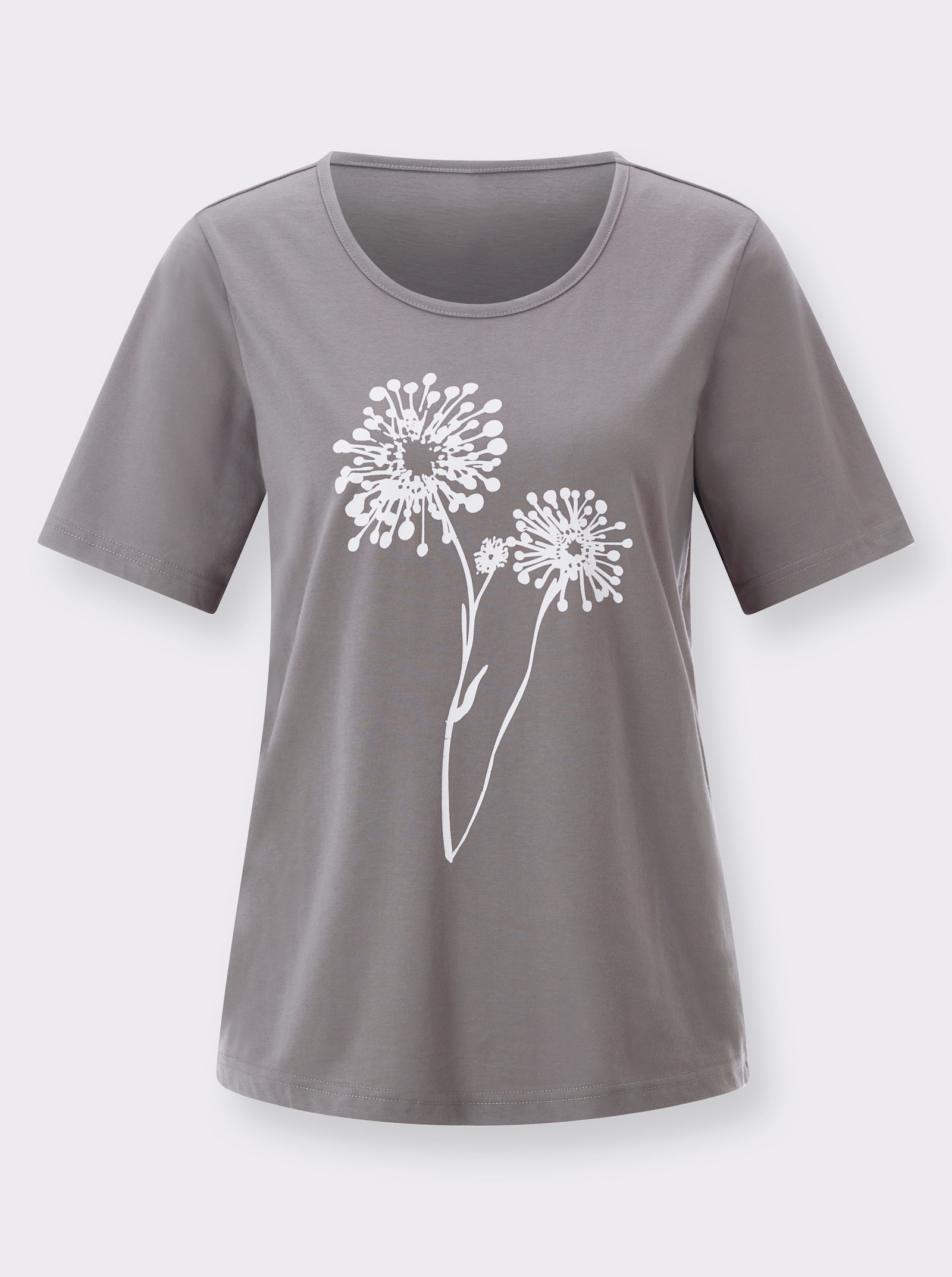 Rundhalsshirt mit floralem Druck - grau-weiß-bedruckt