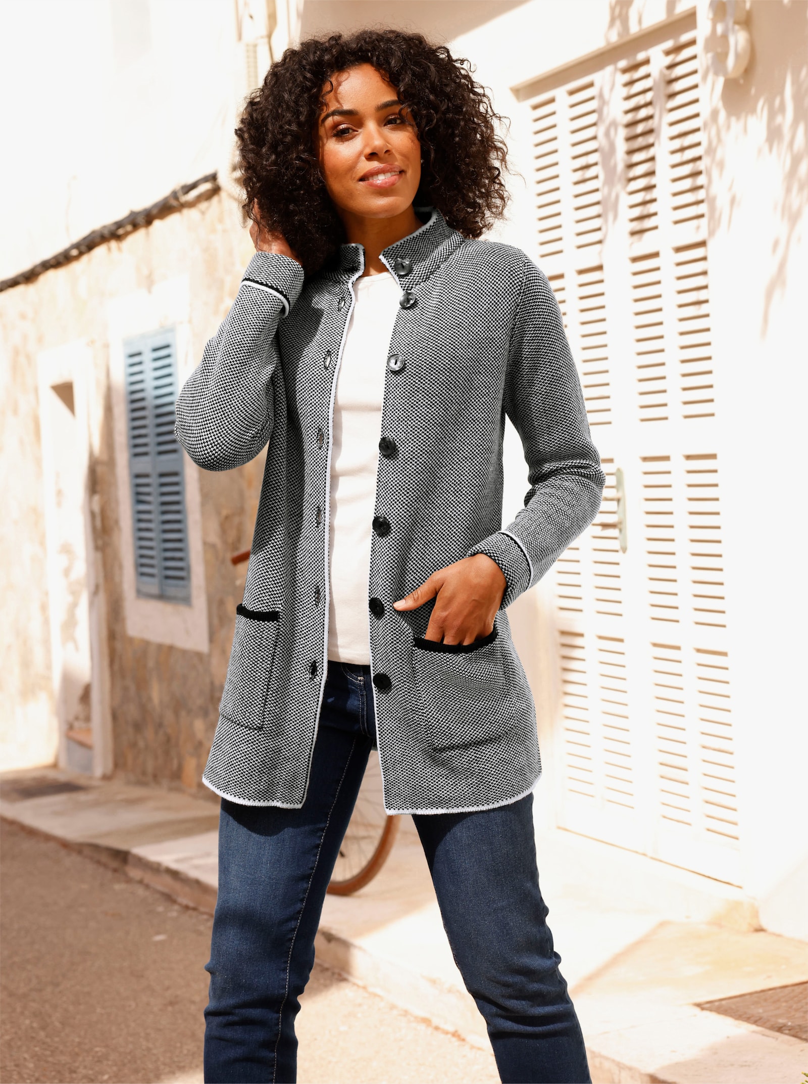 Longstrickjacke in Salz- & Pfeffer-Optik - ecru-schwarz-gemustert