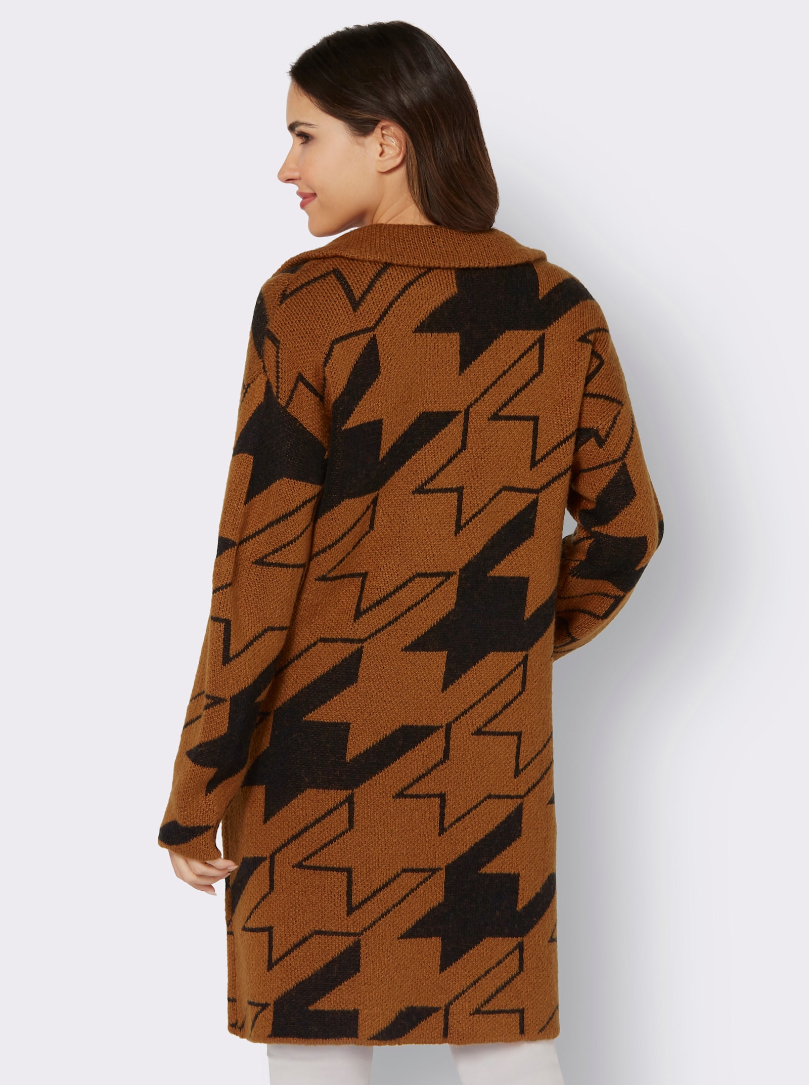 Strickmantel mit Hahnentritt-Muster - cognac-schwarz-gemustert