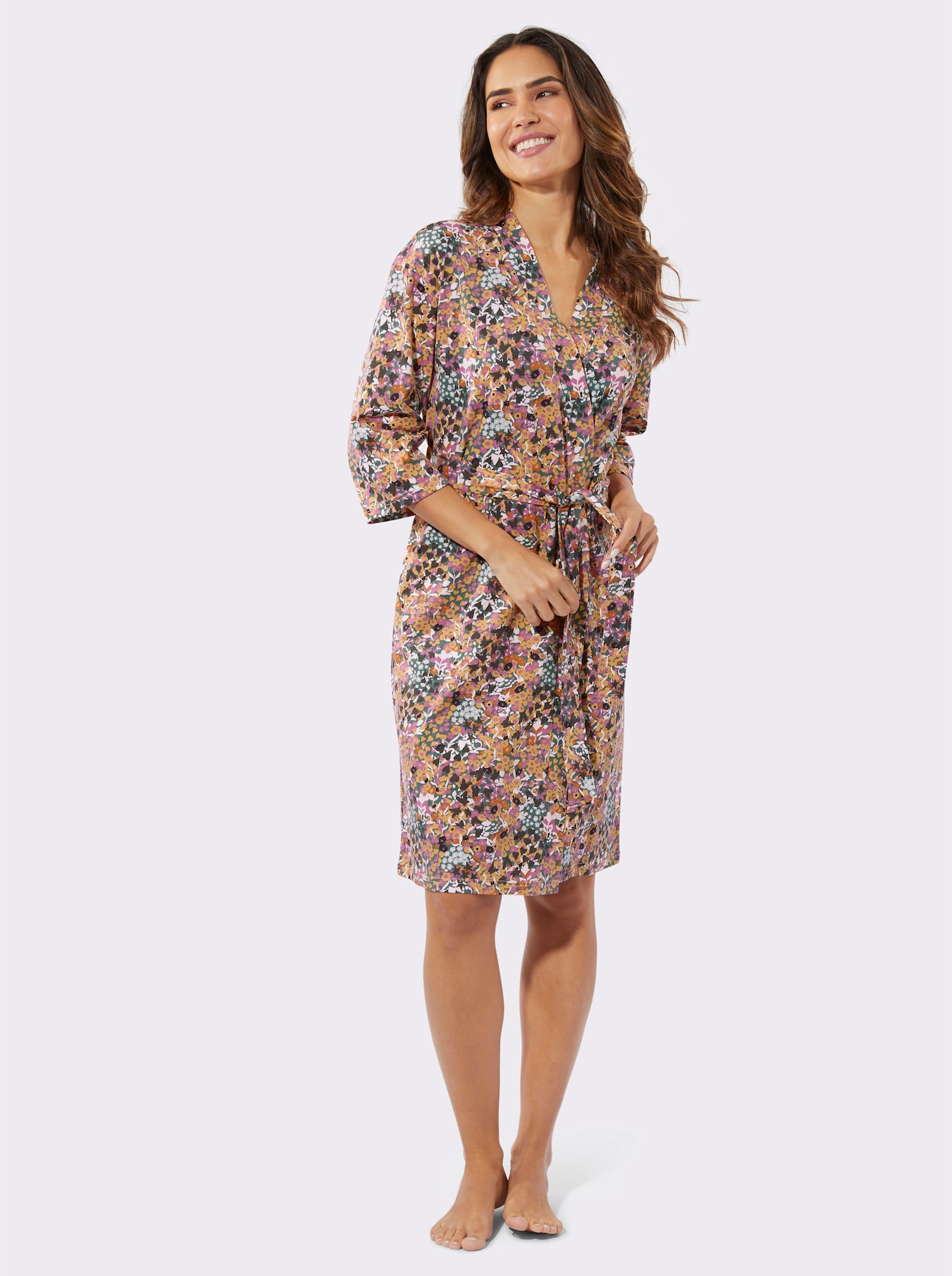 Morgonrock med kimonoärmar - aprikos, tryckt