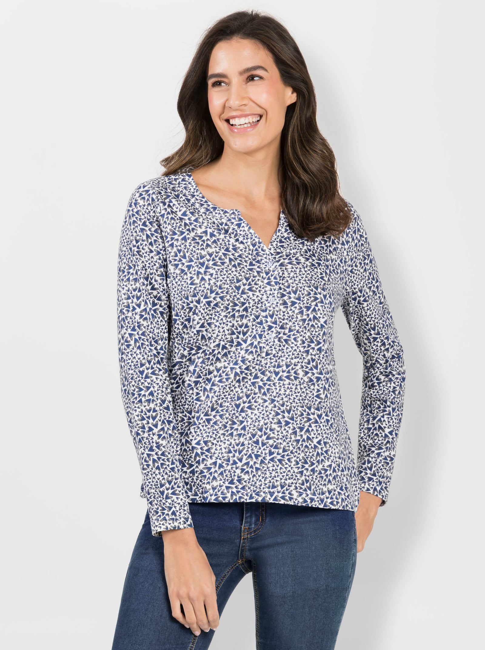 Print-Shirt mit Herzchen-Muster - ecru-jeansblau-bedruckt