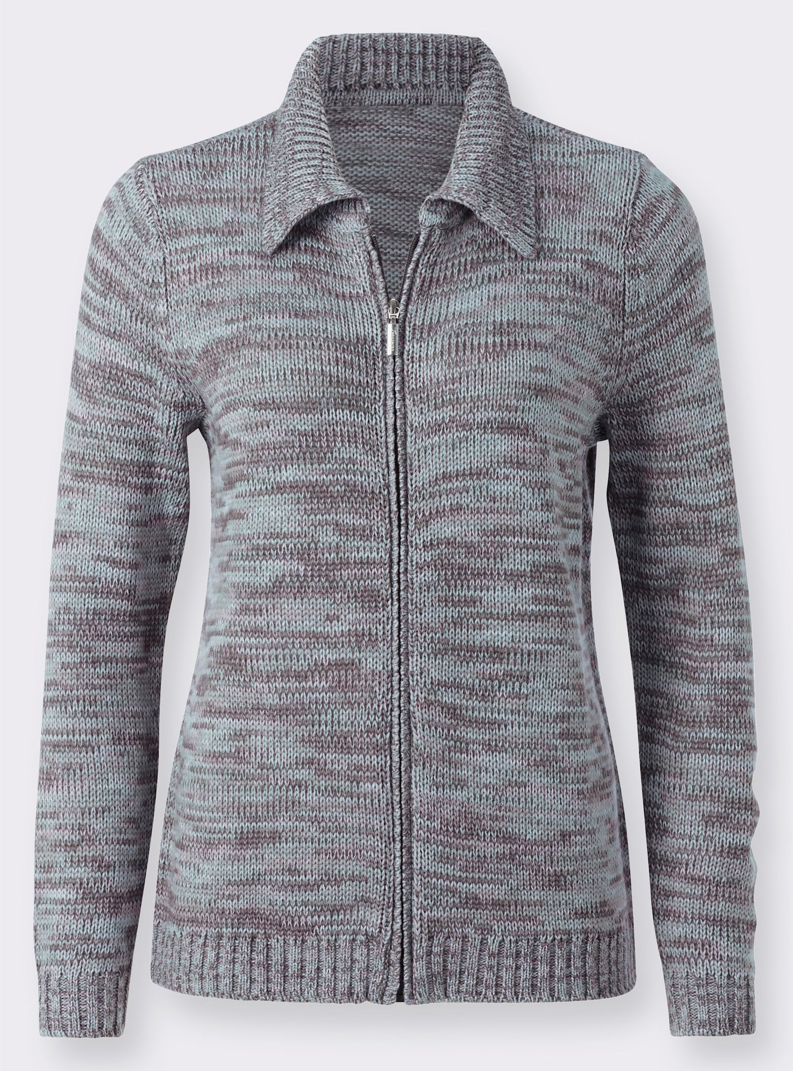 Strickjacke mit geripptem Polokragen - grau-kalkmint-gemustert