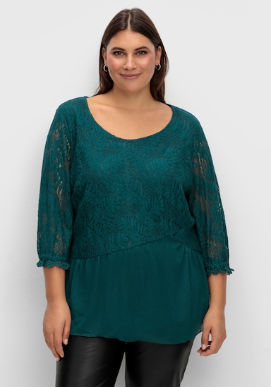 Chiffonbluse mit Baumwoll-Spitze - petrol