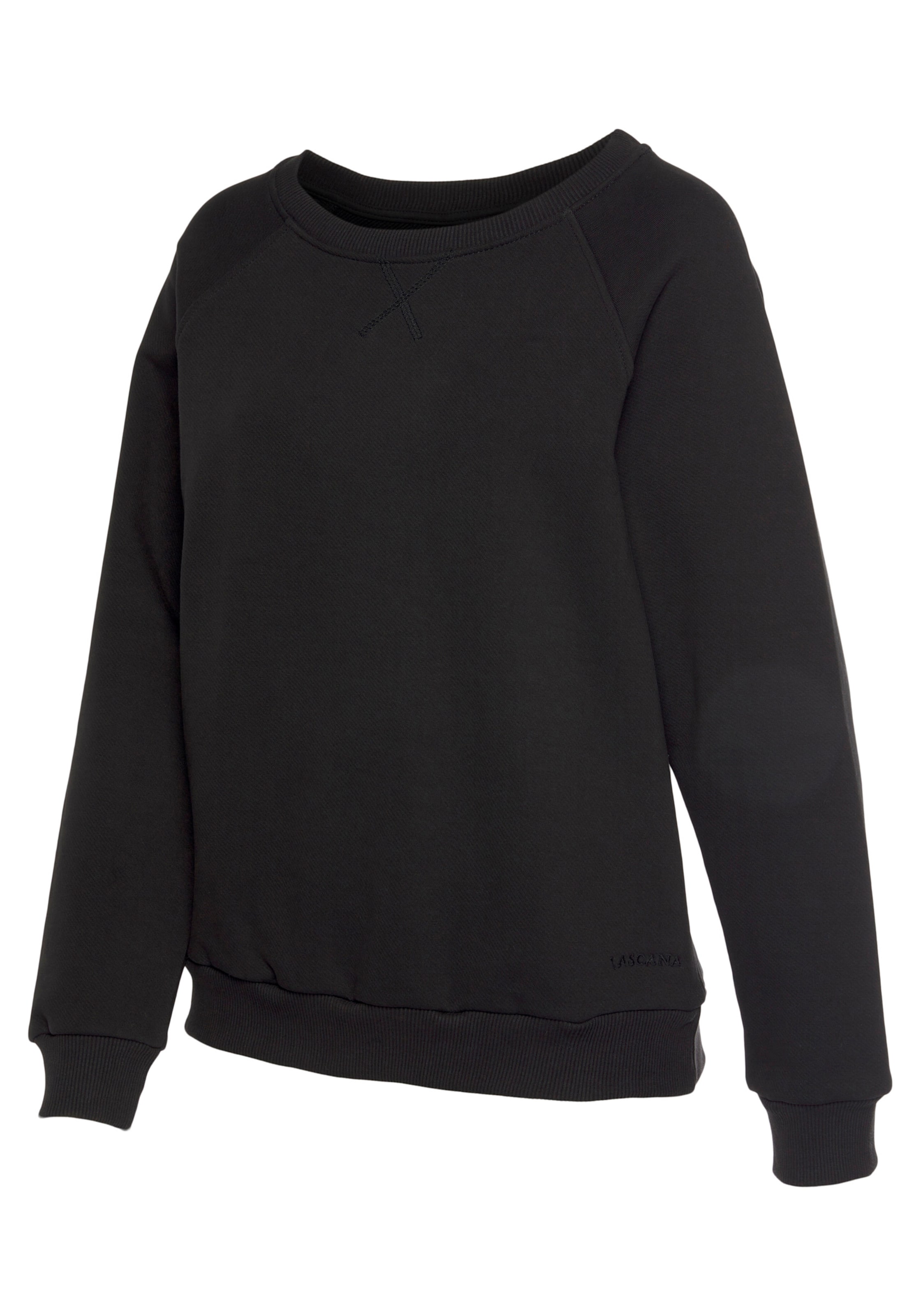 Sweatshirt,Geili günstig Kaufen-Sweatshirt in schwarz von LASCANA. Sweatshirt in schwarz von LASCANA <![CDATA[Homewear-Sweatshirt von Lascana mit Rundhalsausschnitt. Tonige Markenstickerei. Angesetzte Rippbündchen. Bequeme Passform mit Raglannähten. Angenehme Baumwollqualität.]]>. 