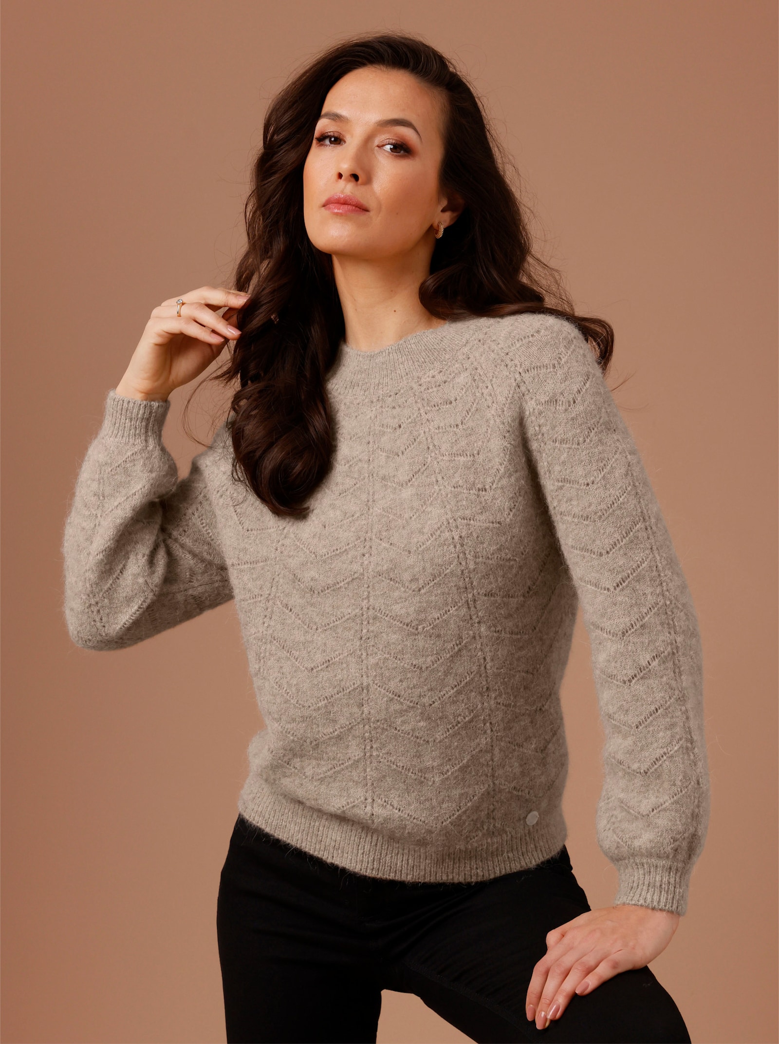 CREATION L PREMIUM Ajourpullover mit Alpakawolle - ecru-sesam