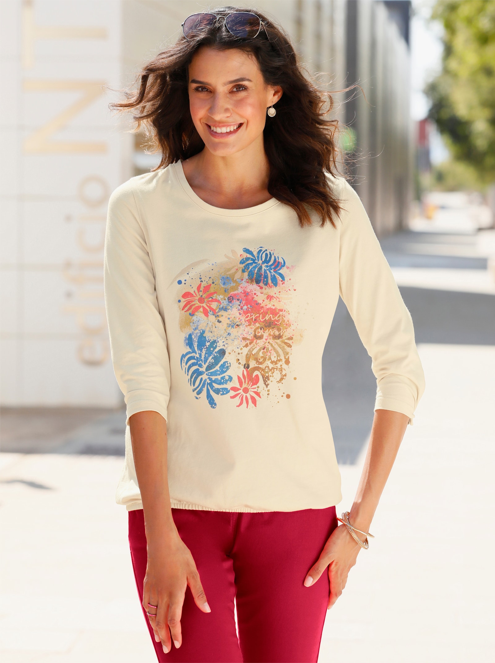 Shirt met 3/4-mouwen en elastische zoom - ivoor/duifblauw bedrukt