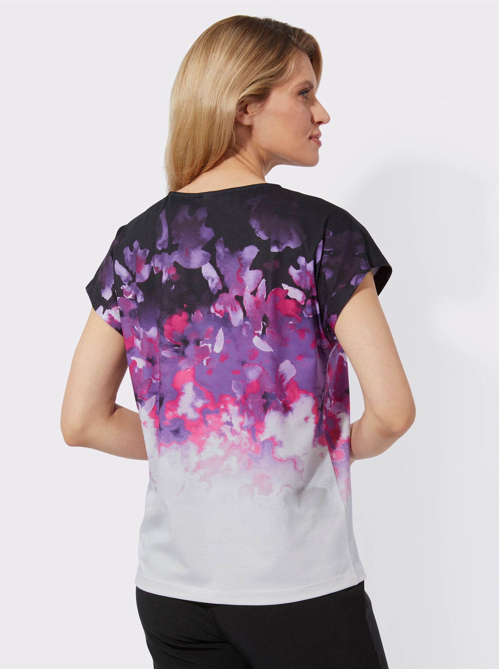 Blusenshirt mit überschnittenen Schultern - schwarz-flieder-bedruckt