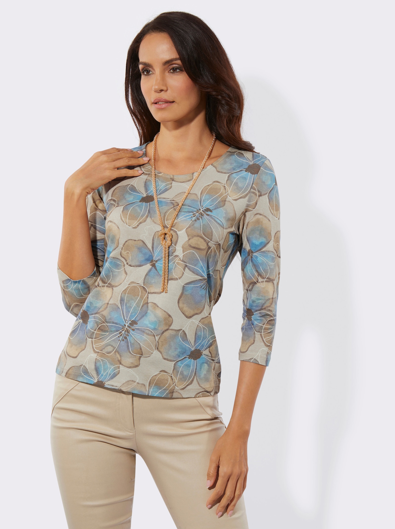 Rundhalsshirt mit Blütendruck rundum - sand-bleu-bedruckt