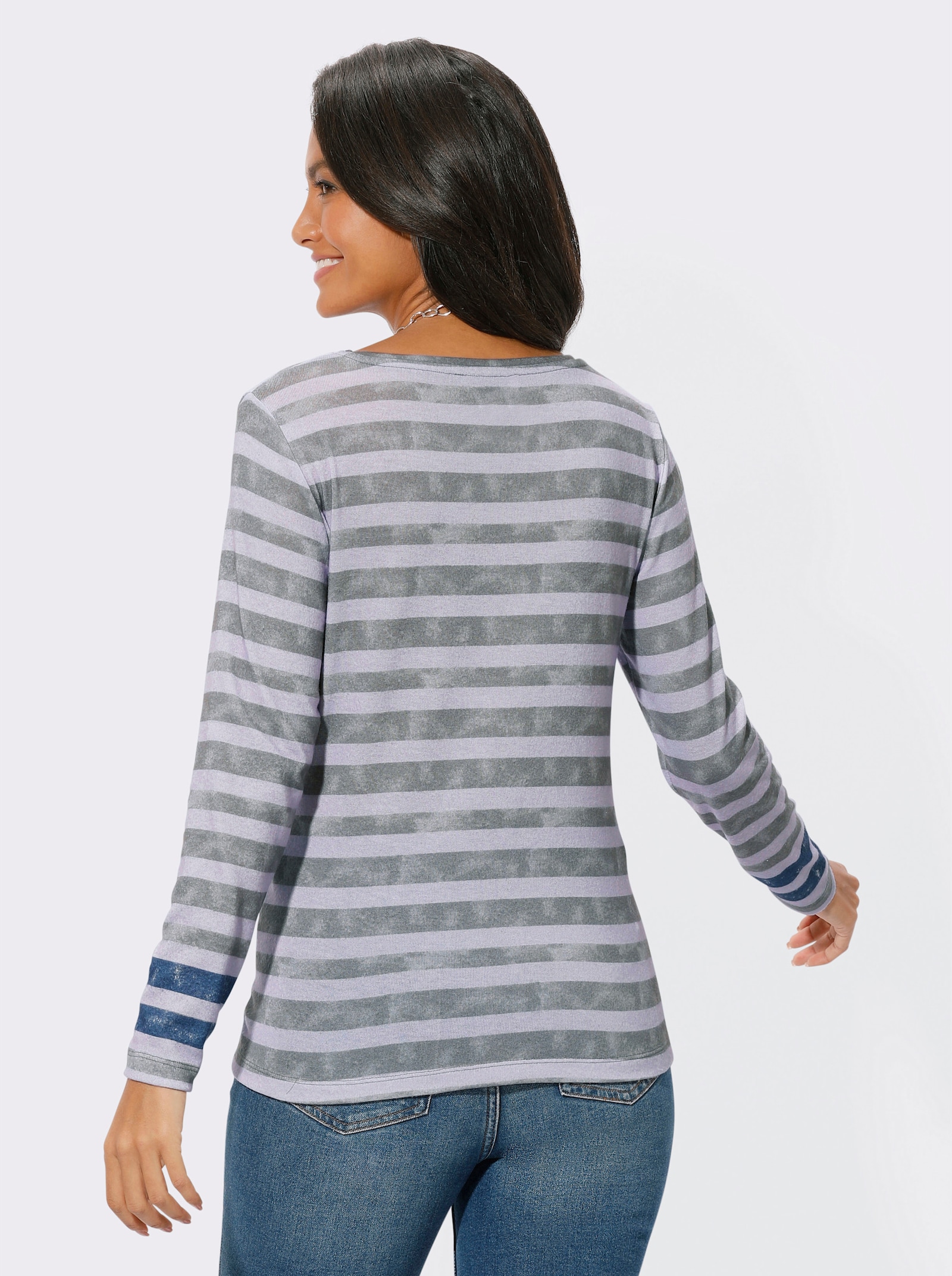 Streepjesshirt met licht opgeruwde buitenkant - lila/grijs gestreept