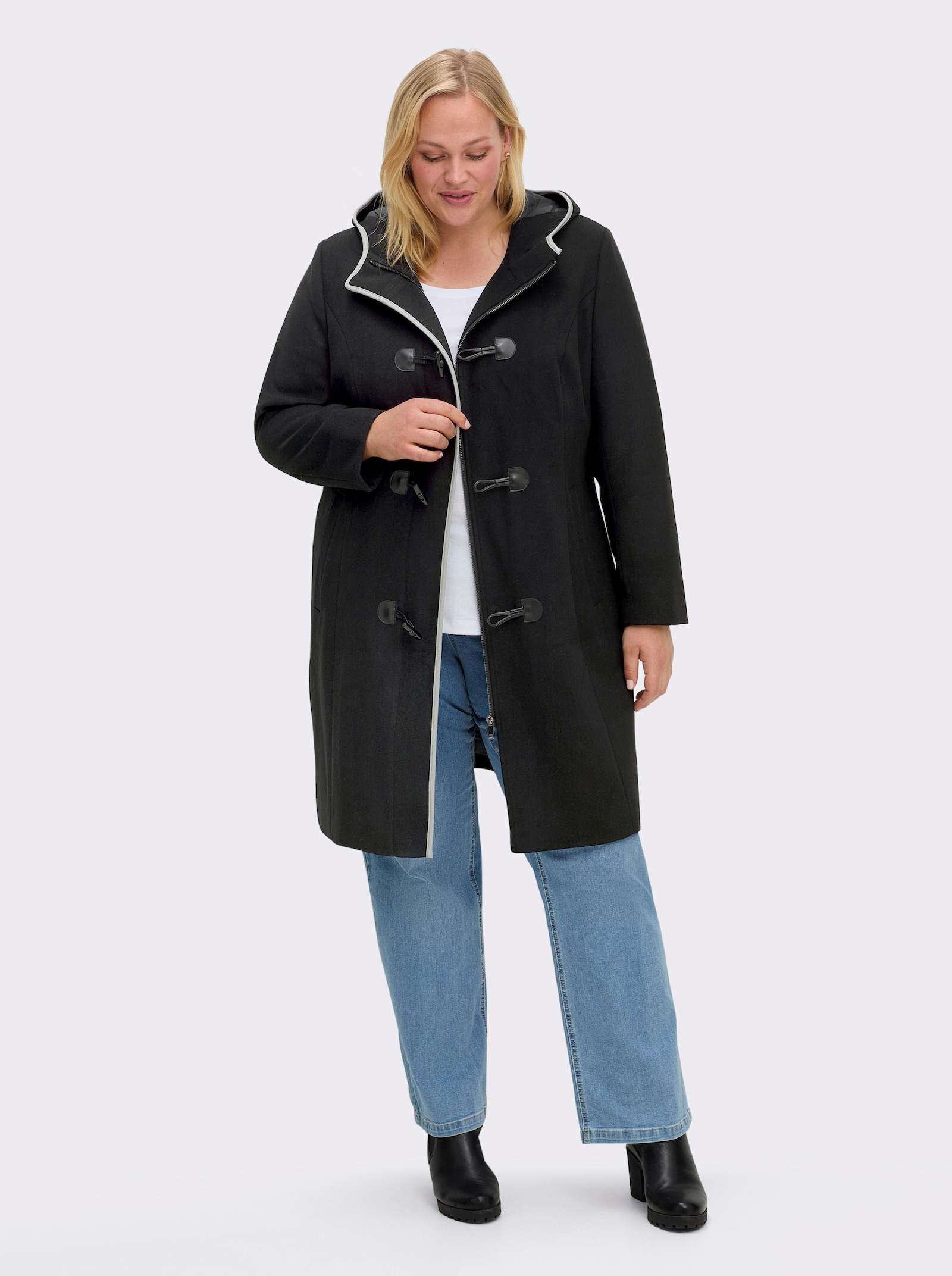 sheego Wintermantel mit Reißverschluss und Knebelverschlüssen - schwarz