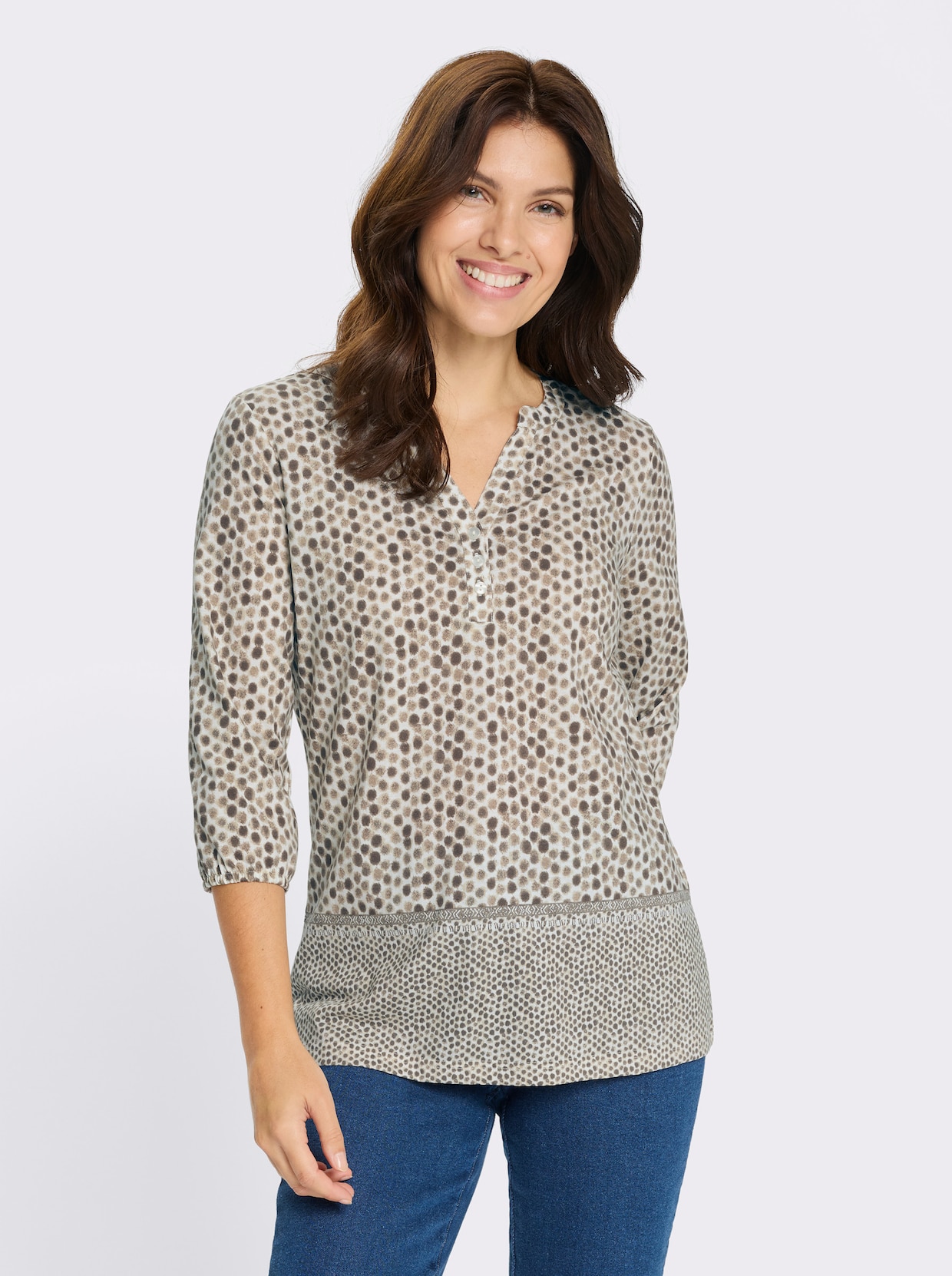 3/4-Arm-Shirt mit Fake-Bordüre - dunkeltaupe-ecru-bedruckt