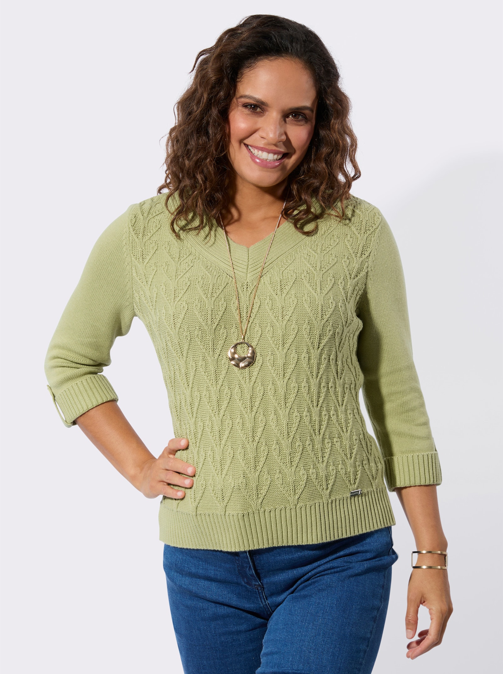 Baumwollpullover mit Strukturstrick-Muster - lindgrün