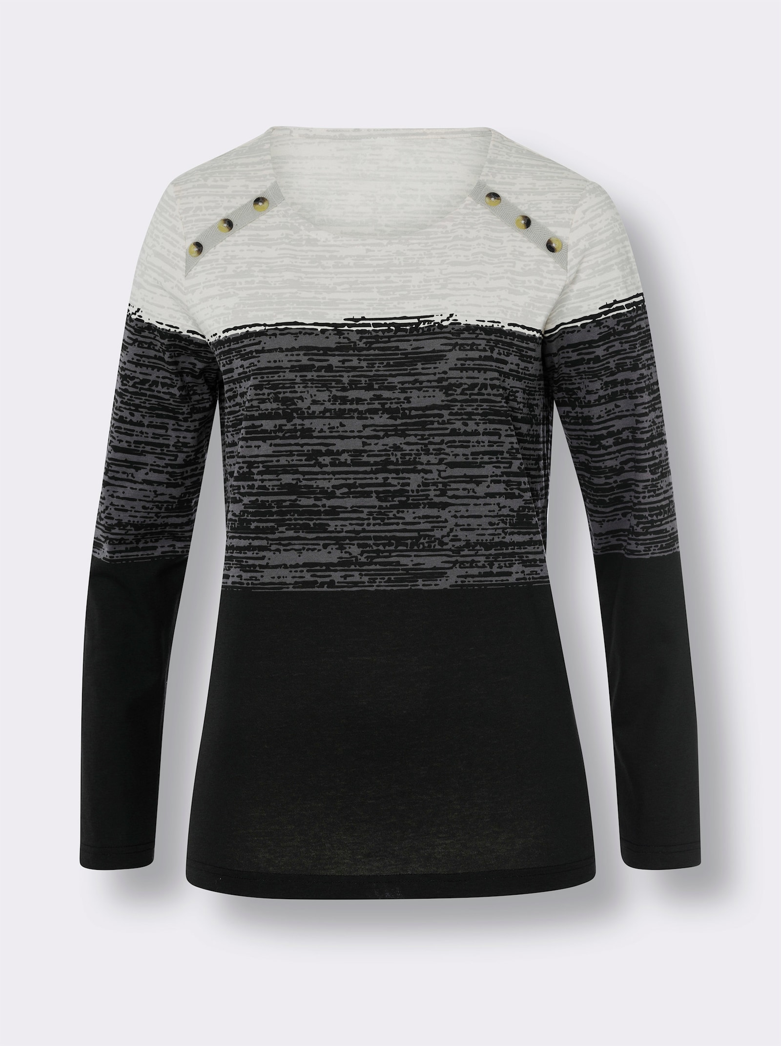 Långärmad topp med dekorknappar - ljusgrå-svart-med tryck