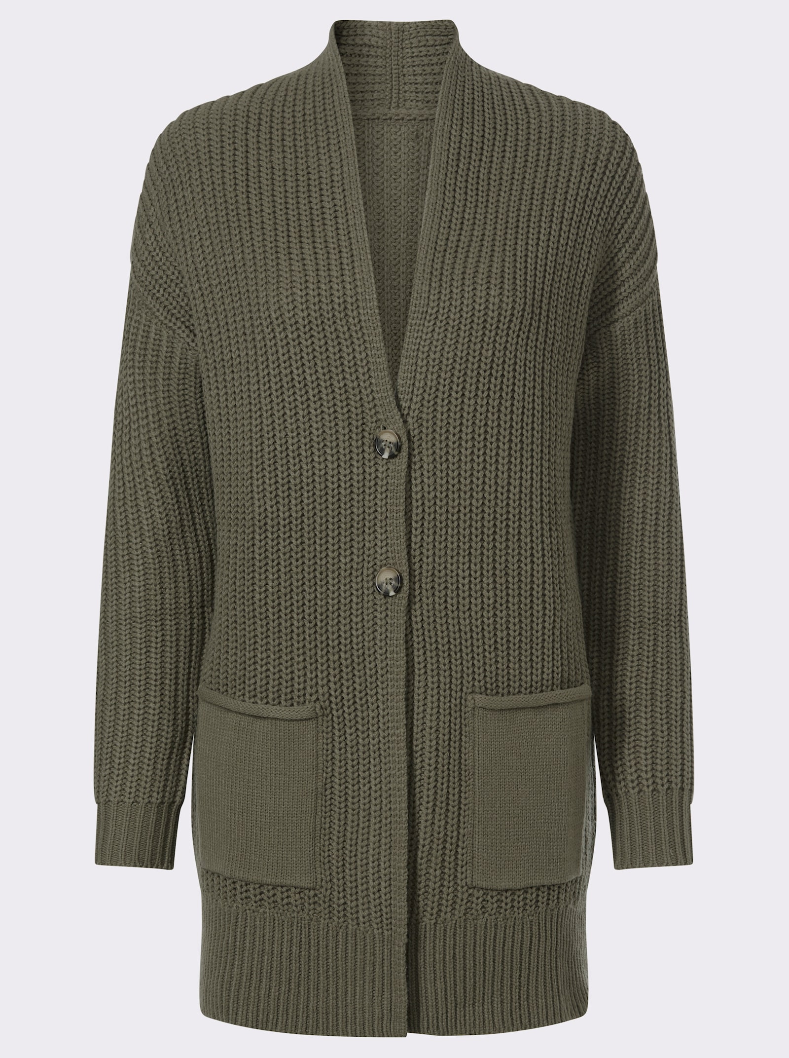 Longstrickjacke mit Knöpfen in Horn-Optik - khaki