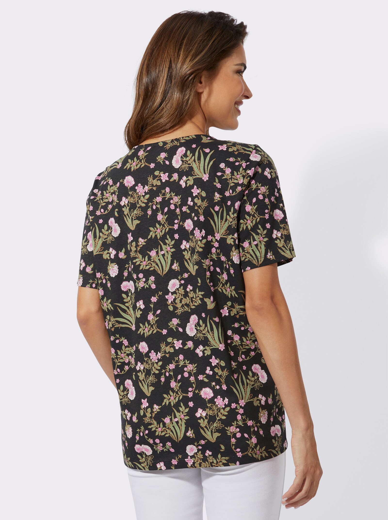 Tričko s krátkým rukávem s květinovým vzorem - černá-růžová-potisk