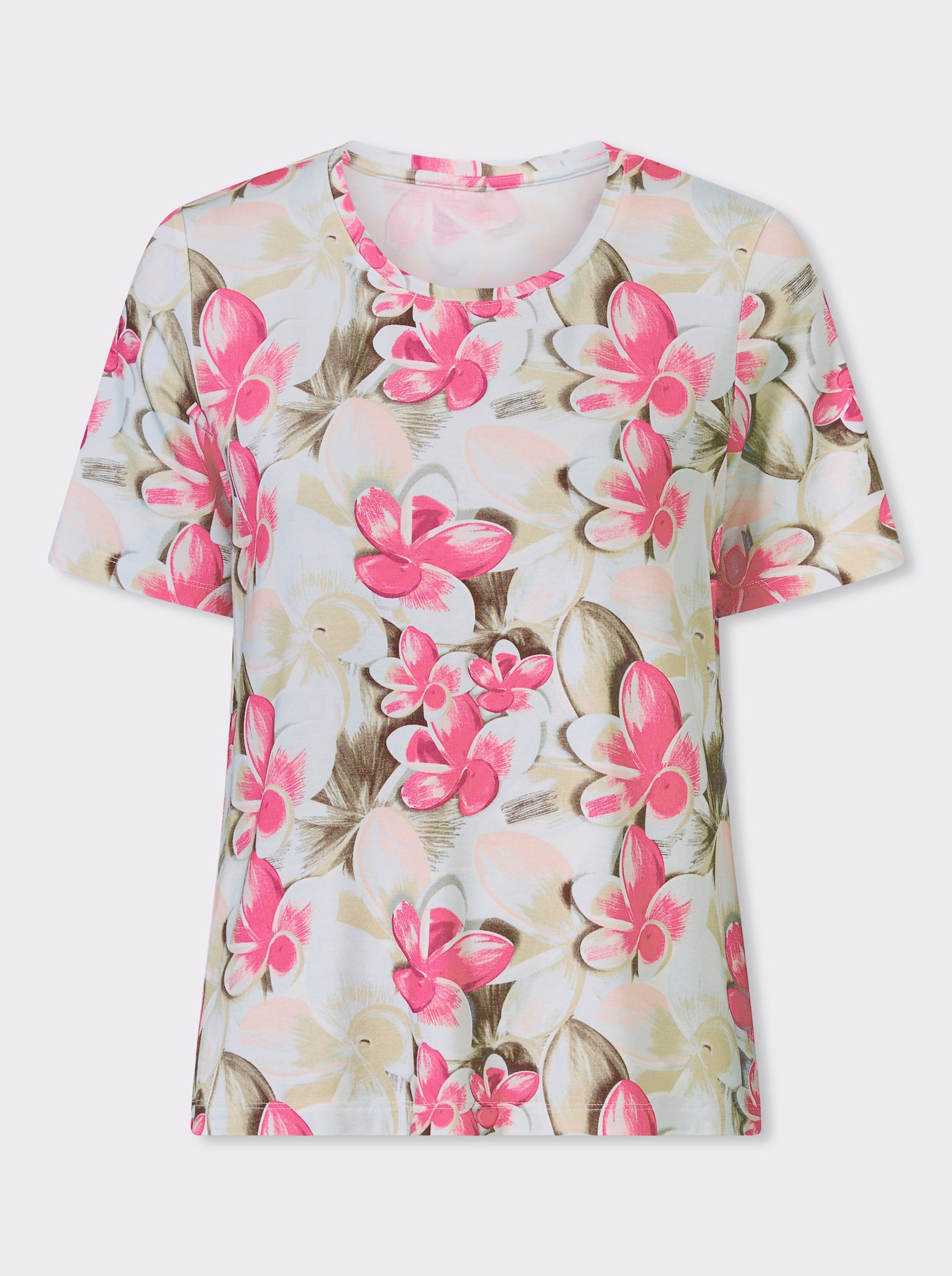 Rundhalsshirt - ecru-fuchsia-bedruckt