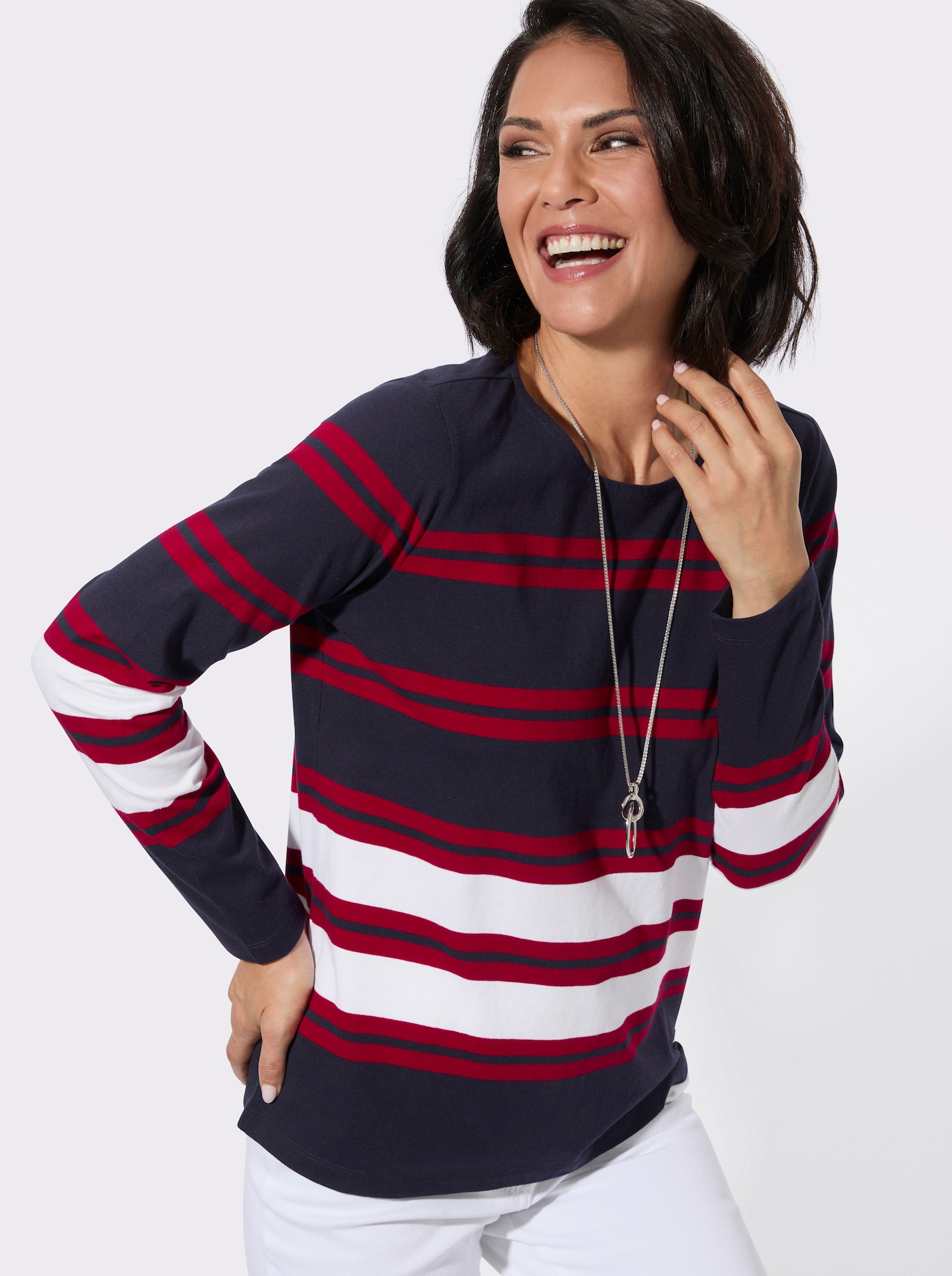 Langarmshirt im geringelten Druckmuster - marine-rot-geringelt