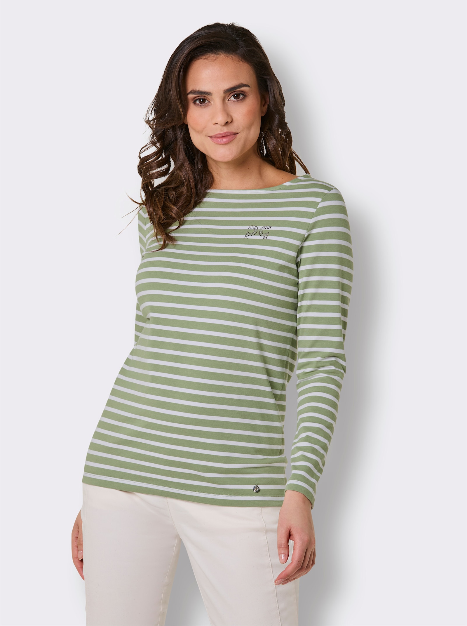 CREATION L PREMIUM Ringelshirt mit Strass-Steinchen - eucalyptus-weiß-geringelt