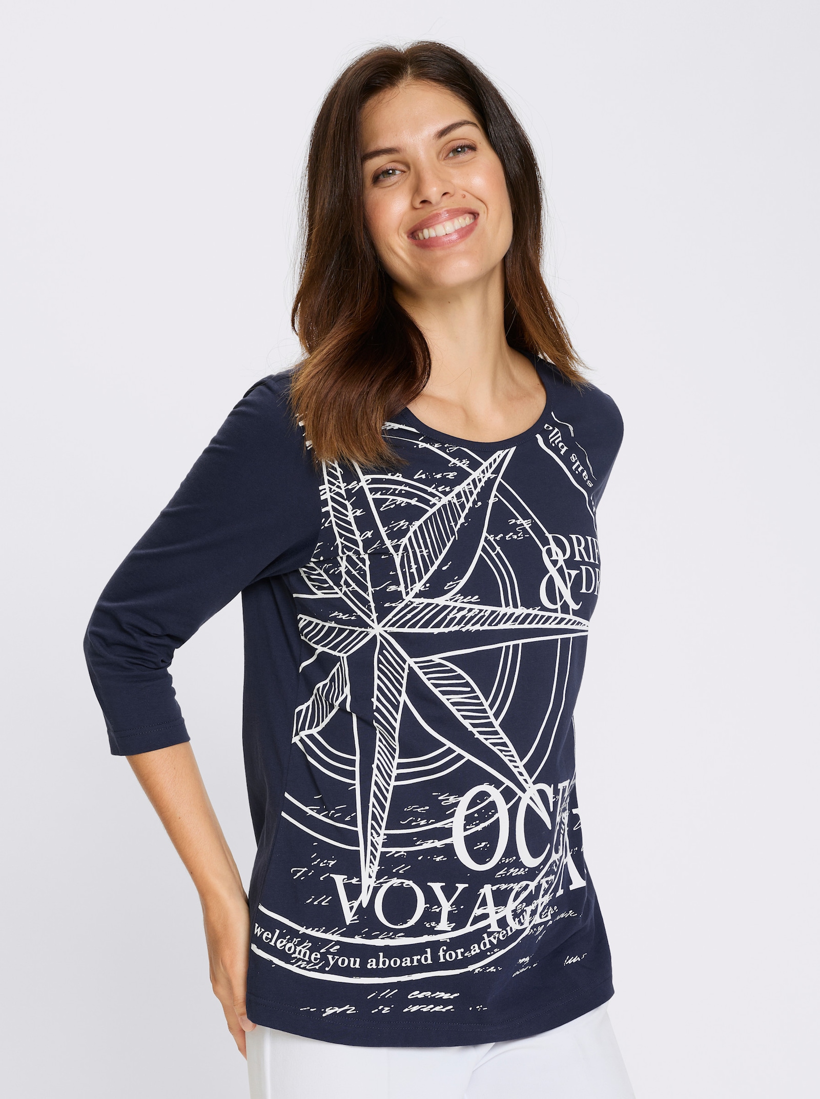 Shirt met 3/4-mouwen en op dessin geplaatste print voor - marine/wit