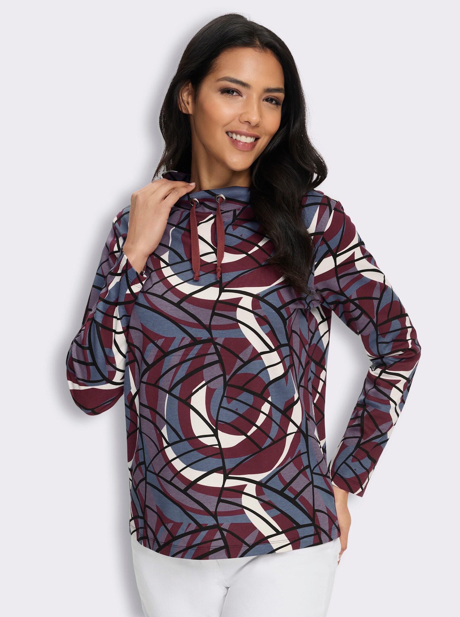 Stehkragenshirt in formstabiler Interlock-Qualität - bordeaux-rauchblau-bedruckt