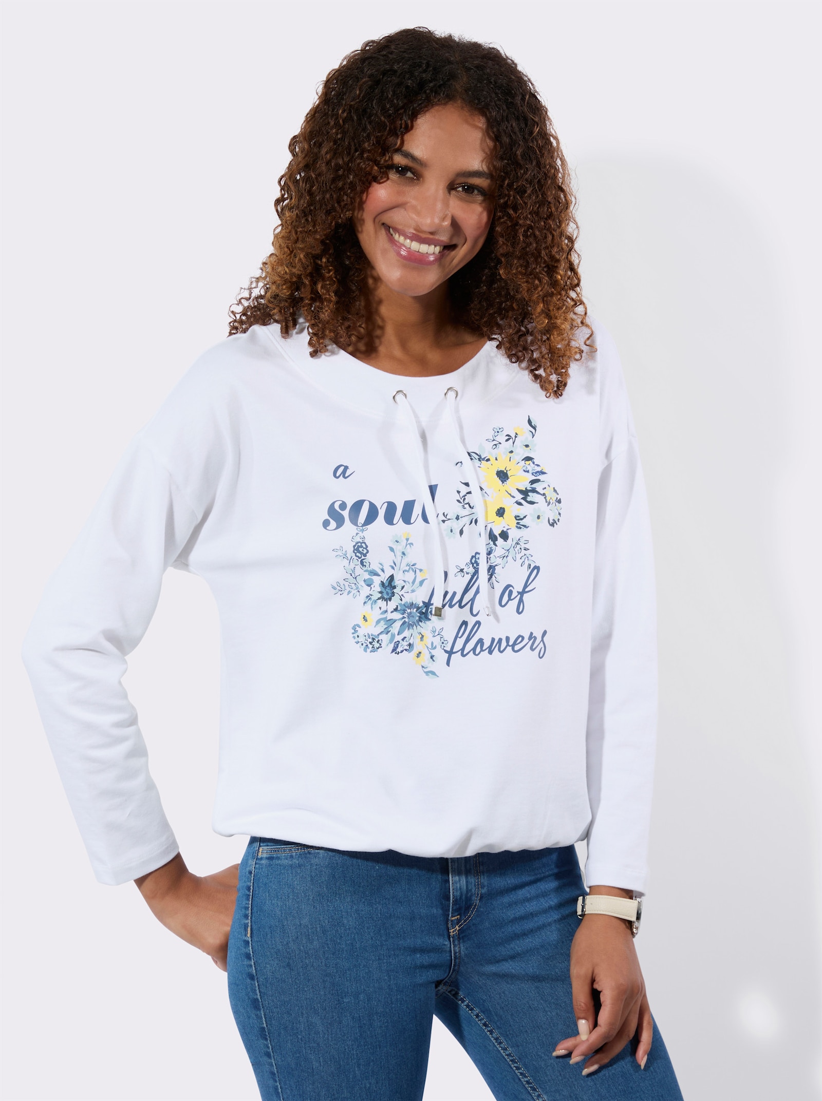 Sweatshirt mit Blumen-Print - weiss-rauchblau-bedruckt