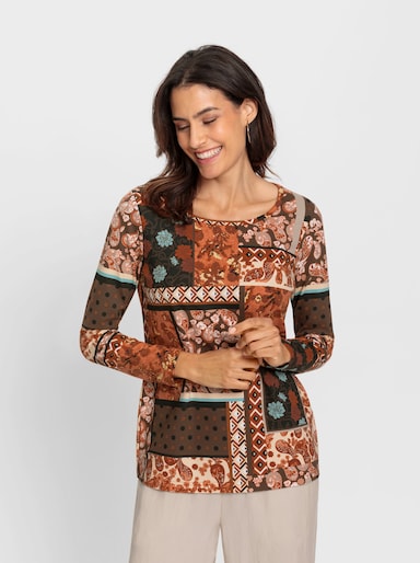 Print-Shirt in Patchwork-Optik - rostrot-bedruckt