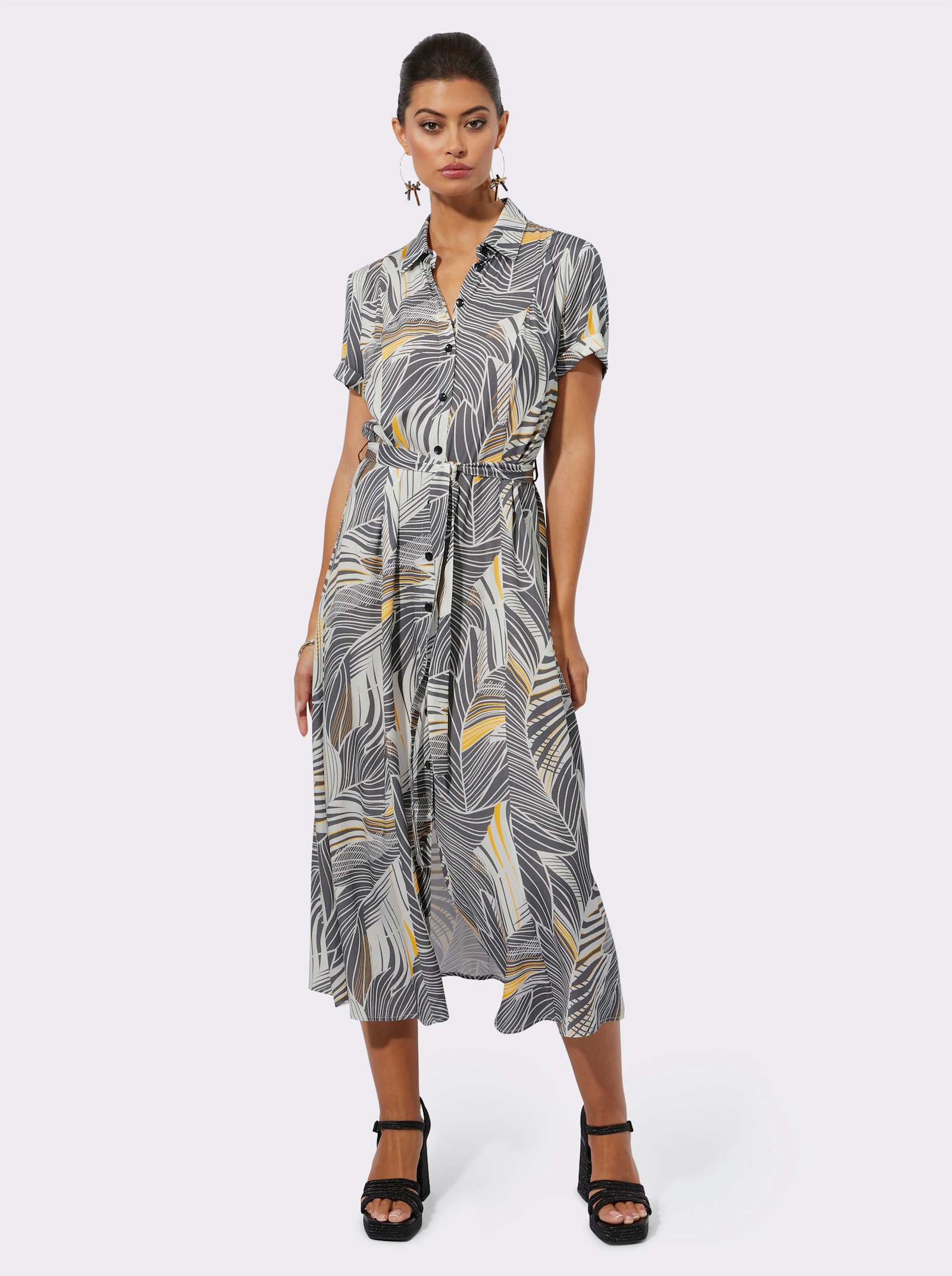 Druckkleid aus reiner, wertiger Viskose - anthrazit-ocker-bedruckt