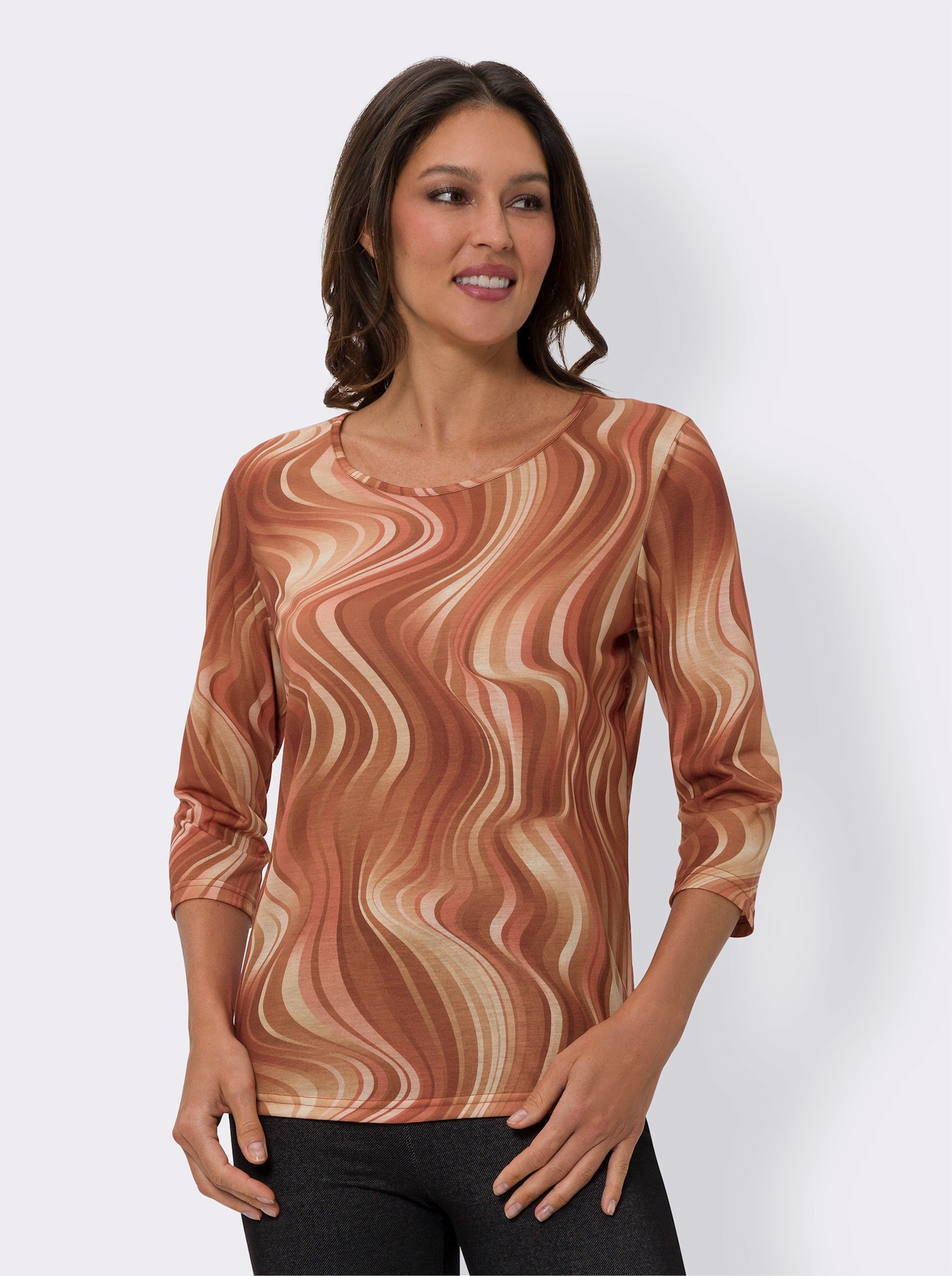 Langarmshirt im Wellendessin - rostrot-apricot-bedruckt