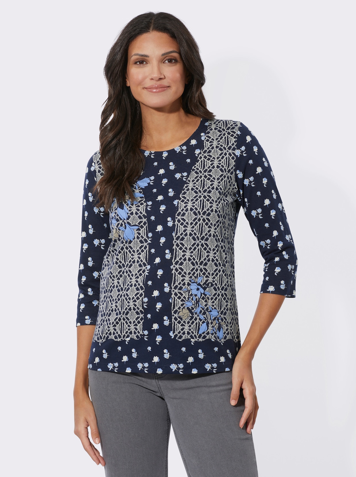 Shirt met ronde hals - marine/champagne bedrukt