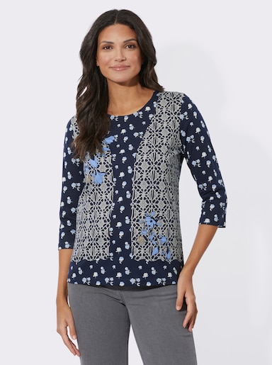 Rundhalsshirt in 2-in-1-Optik - marine-champagner-bedruckt