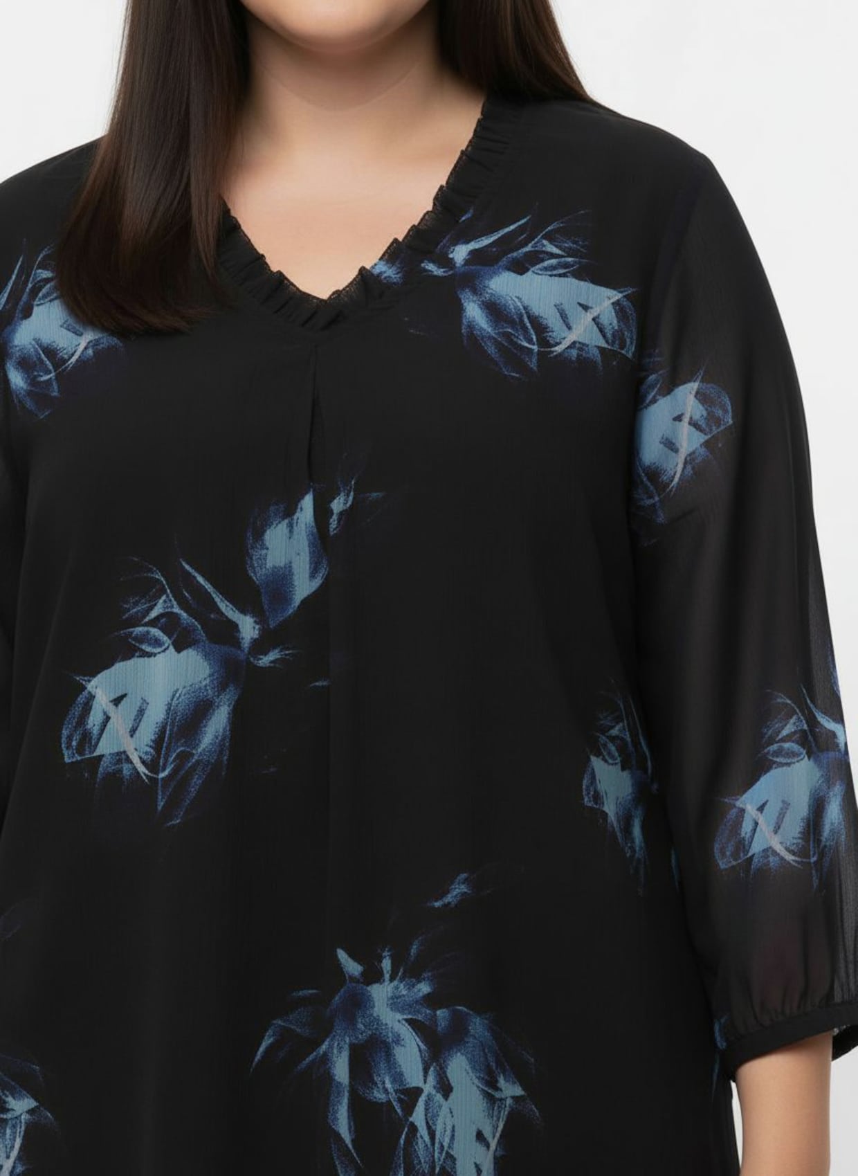 Tunika mit Rüschen am Ausschnitt - schwarz-aquamarin-bedruckt