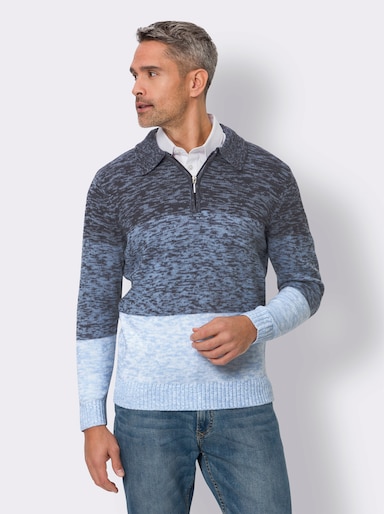 Polopullover im Colour-Blocking-Dessin - rauchblau-eisblau-gemustert