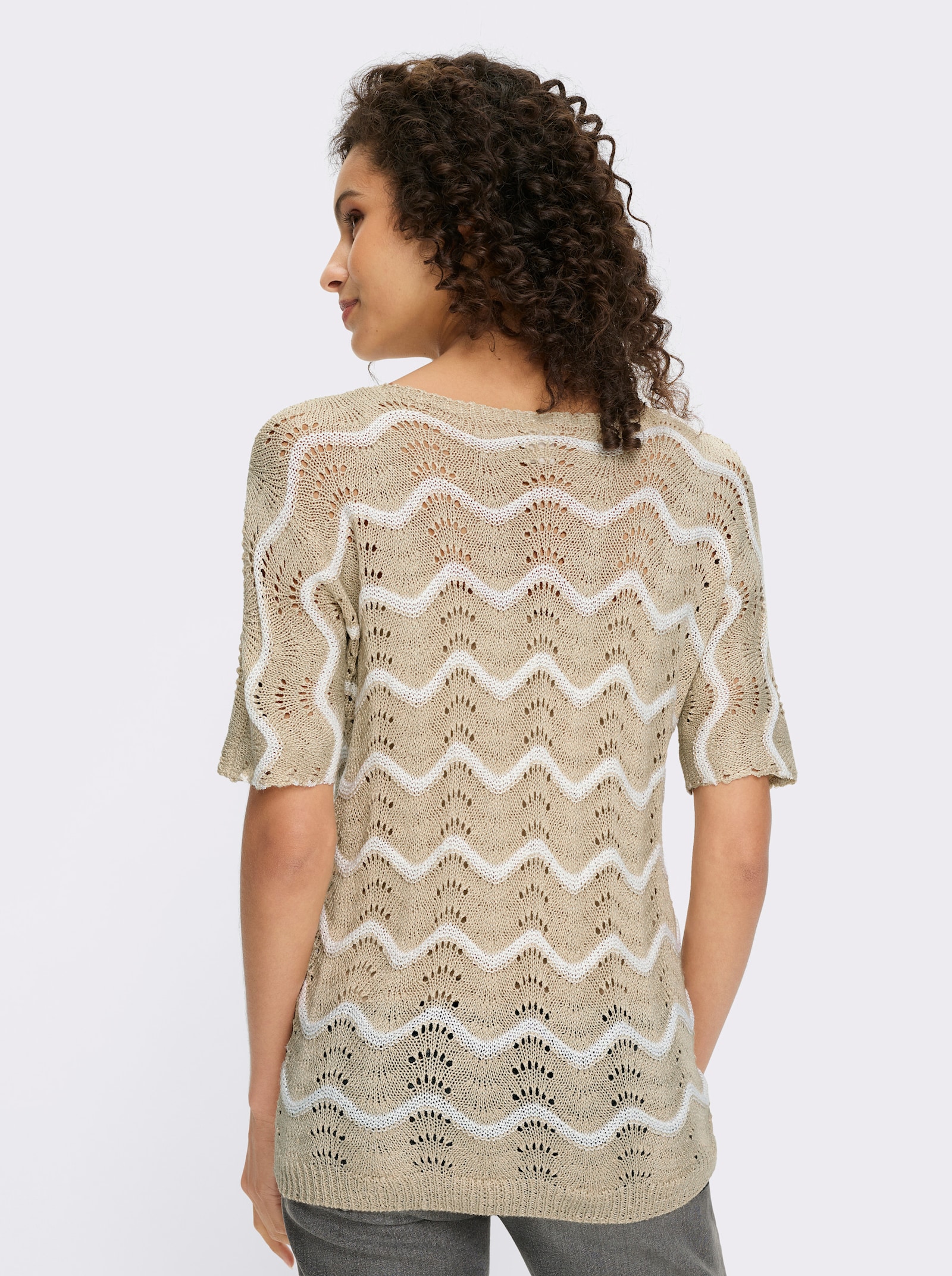 heine Ajourpullover met golfdessin - zand