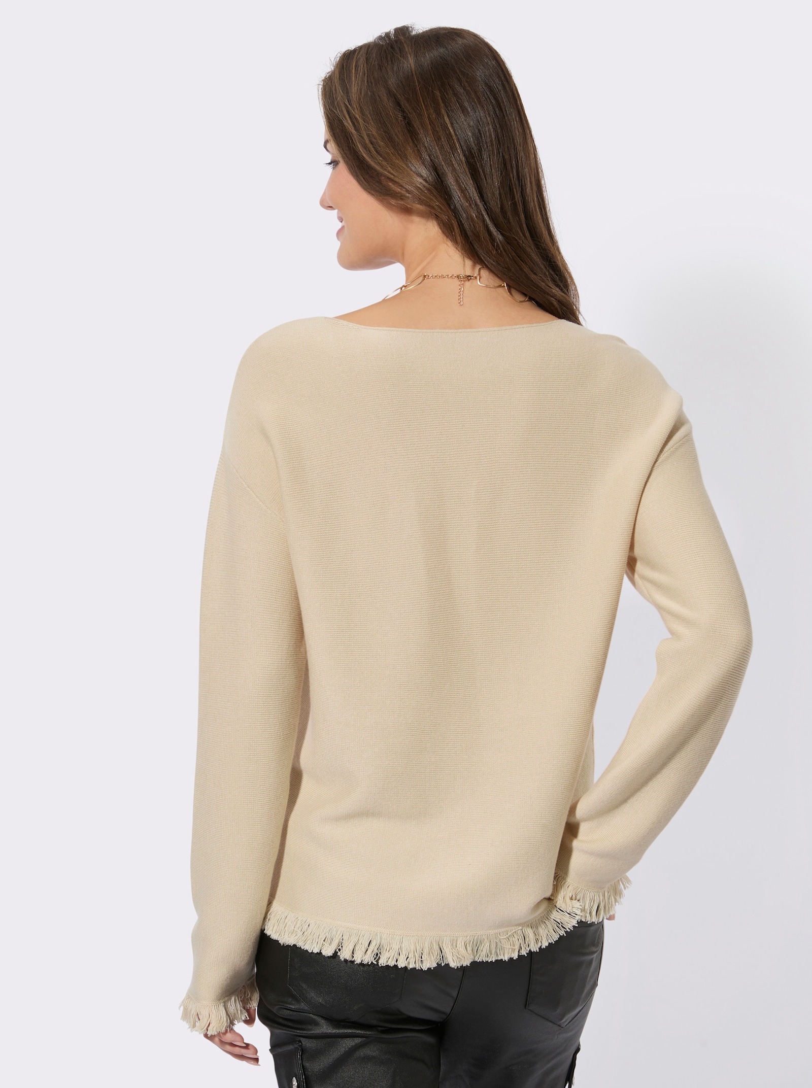 Langarm-Pullover mit Fransen-Abschlüssen - elfenbein