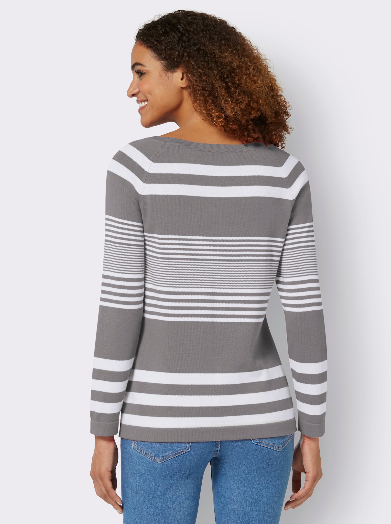 Streifenpullover mit Zierknöpfen - steingrau-weiß-gestreift