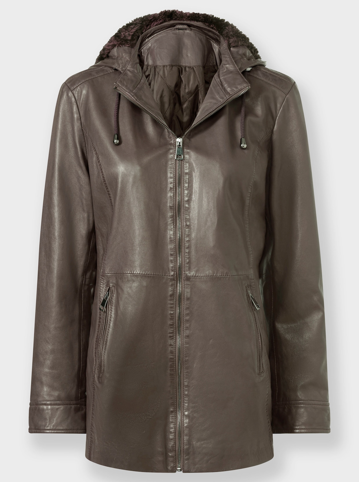 Lederjacke mit abnehmbarer Kapuze - taupe