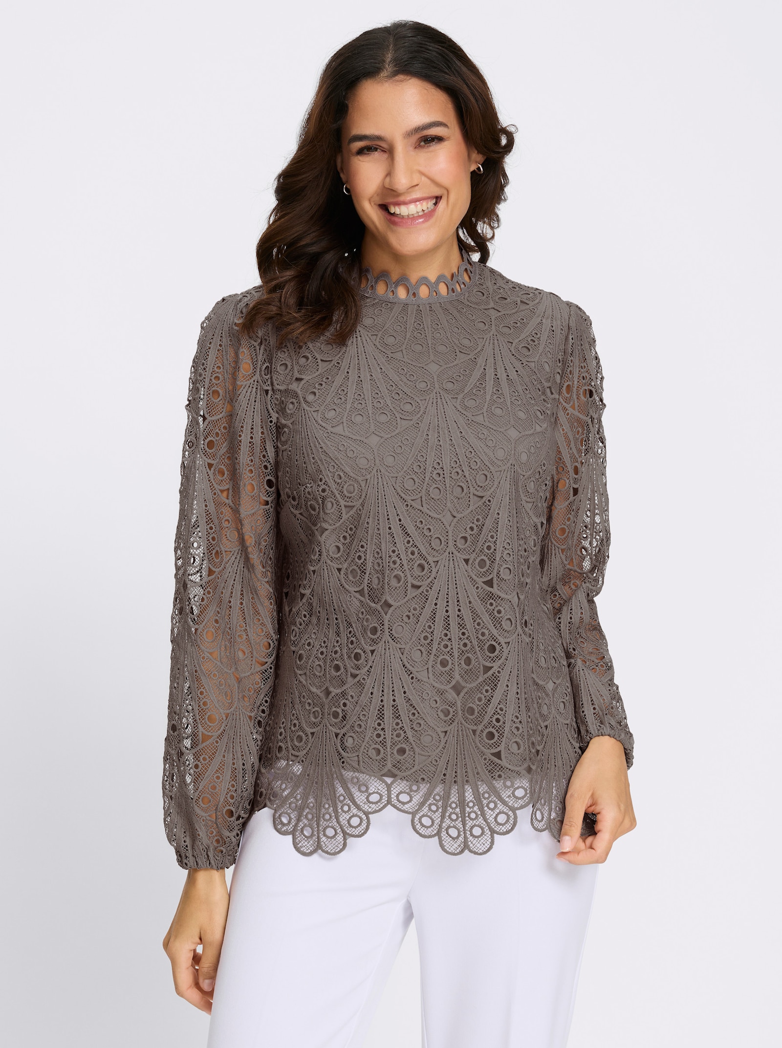 Spitzenbluse mit Schlingenverschluss hinten - taupe