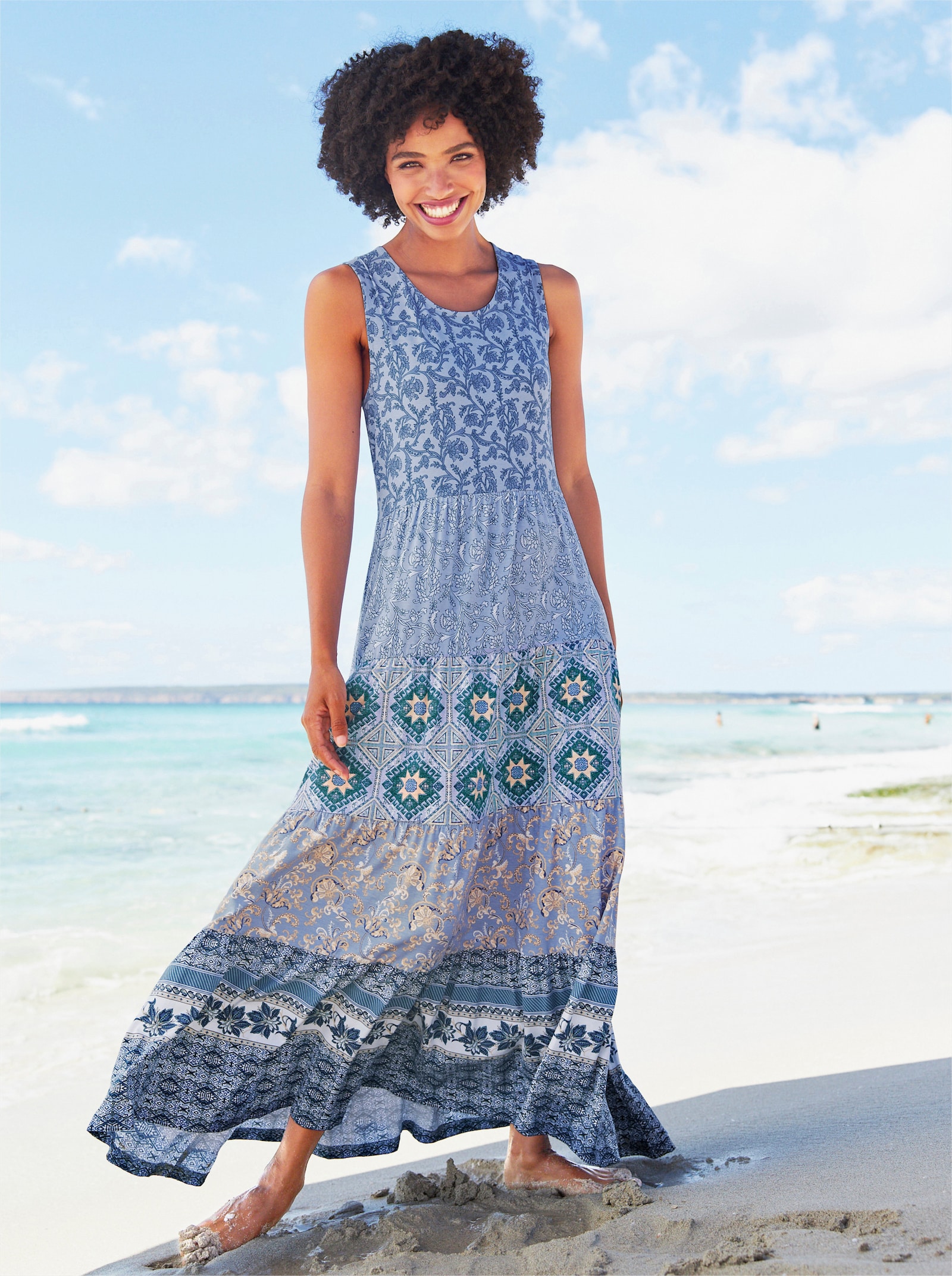 heine Jerseykleid mit ausgestelltem Rockteil - jeansblau-bleu-bedruckt