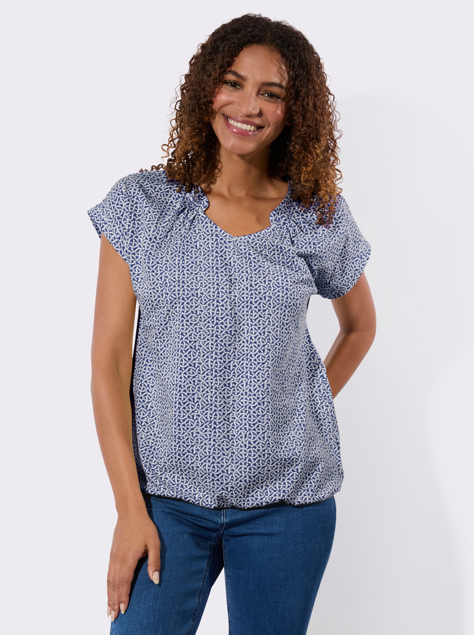 Kurzarmshirt mit kleinen Raffungen - royalblau-ecru-bedruckt