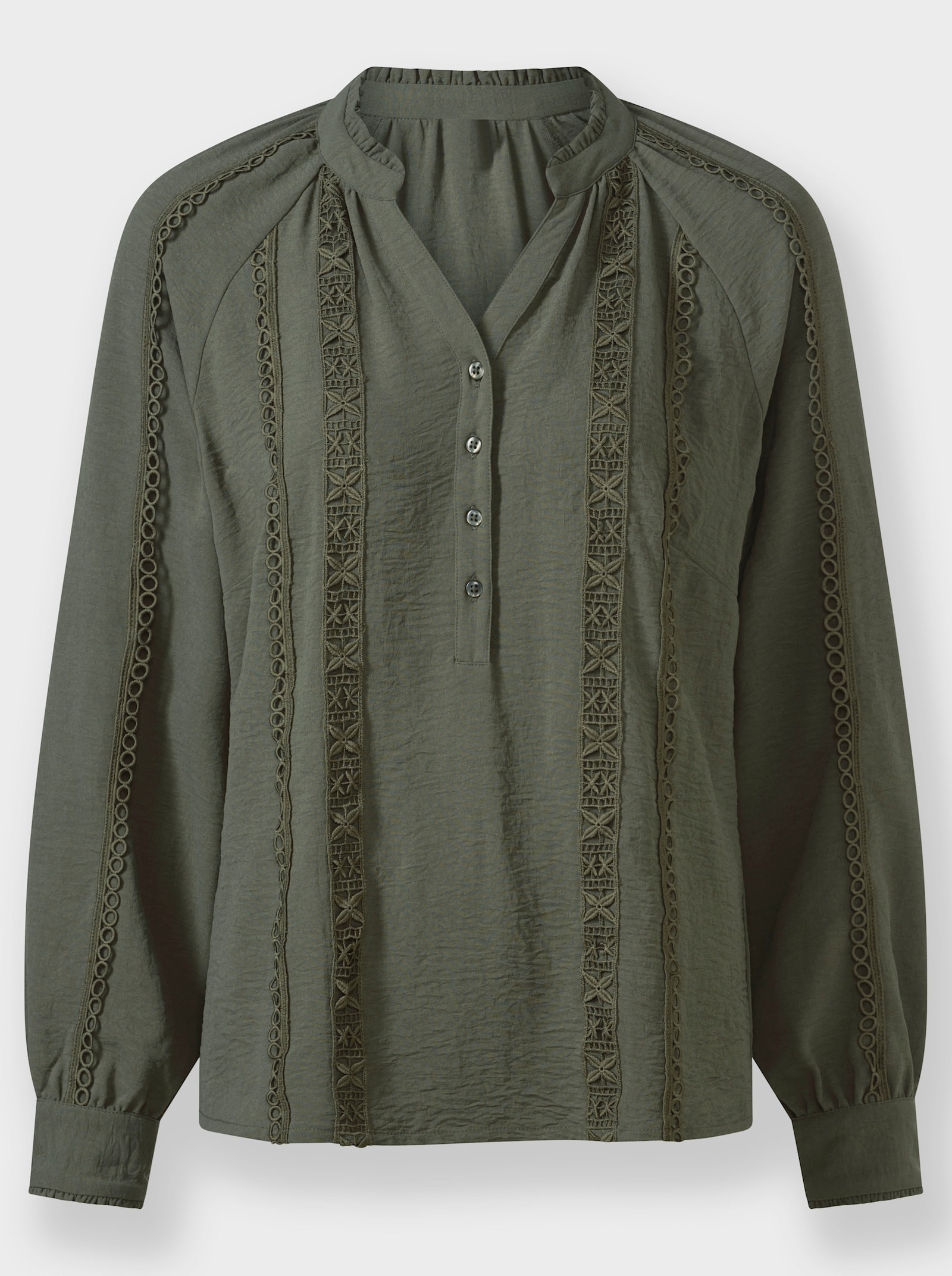 Langarmbluse mit Bordüren in Häkel-Optik - khaki