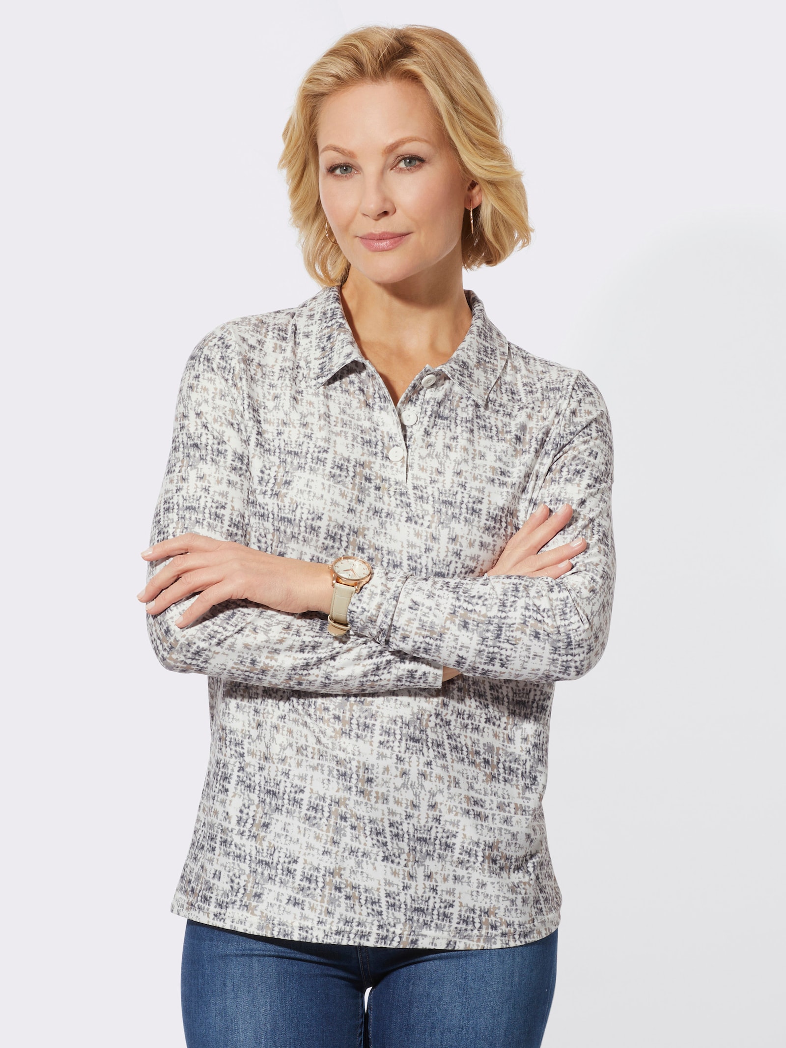 Poloshirt in leicht angerauter Winter-Qualität - ecru-steingrau-bedruckt