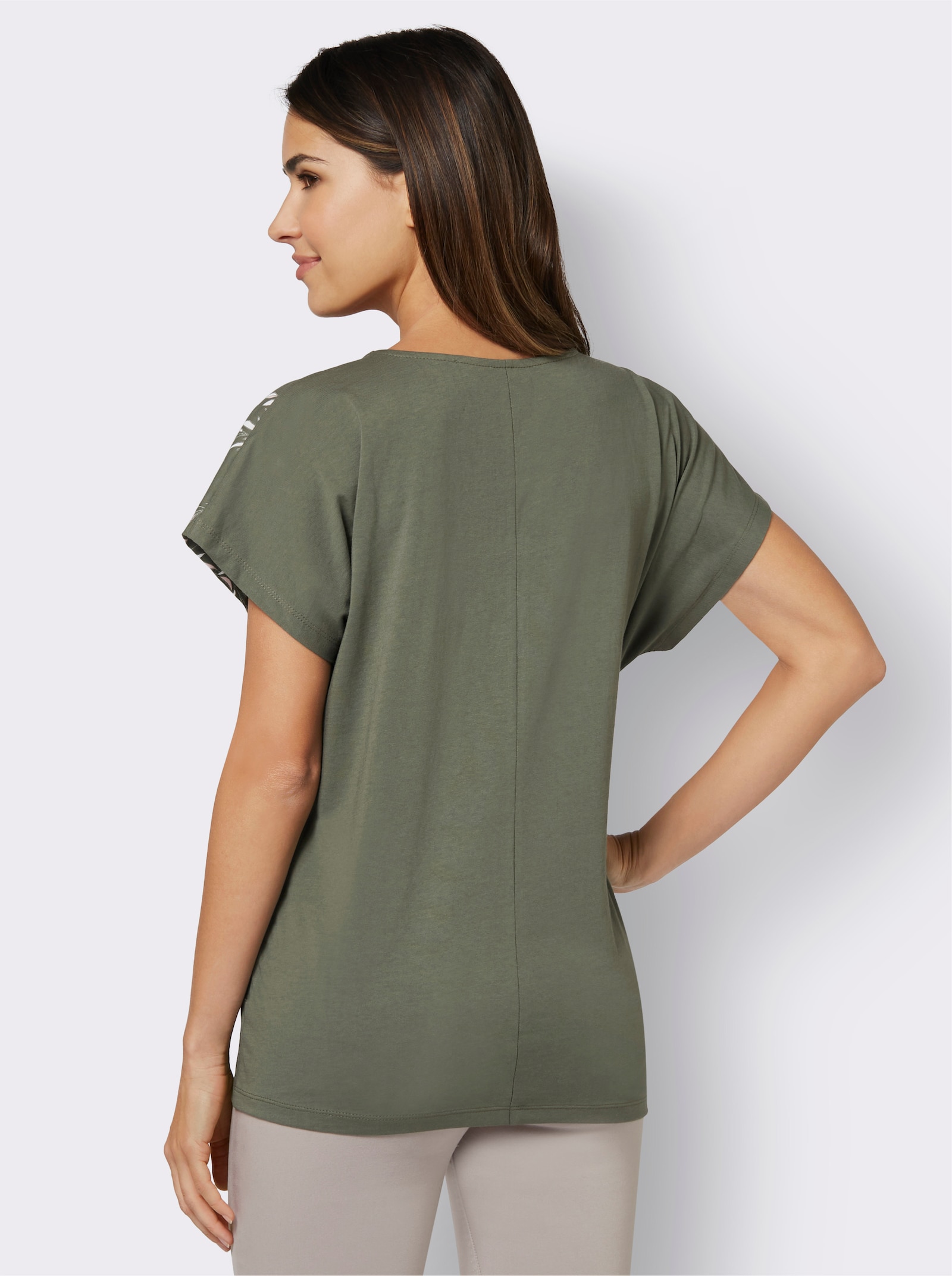  Rundhalsshirt mit Blätter-Druck - khaki-rosenquarz-bedruckt