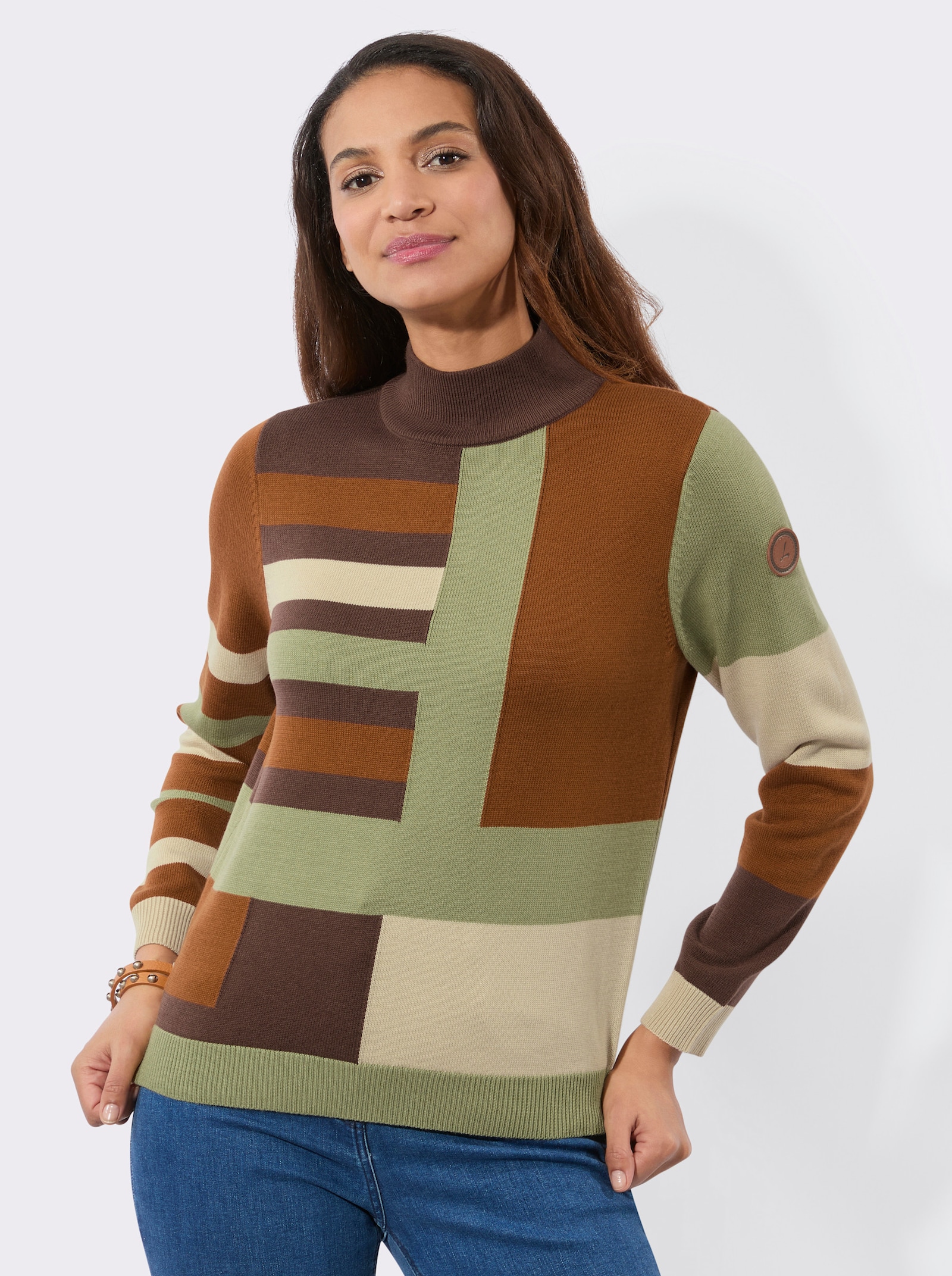 Jacquard-Pullover mit Stehkragen - schoko-sand-geringelt