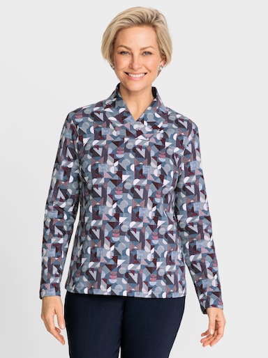 Langarmshirt mit V-Ausschnitt - rauchblau-bordeaux-bedruckt