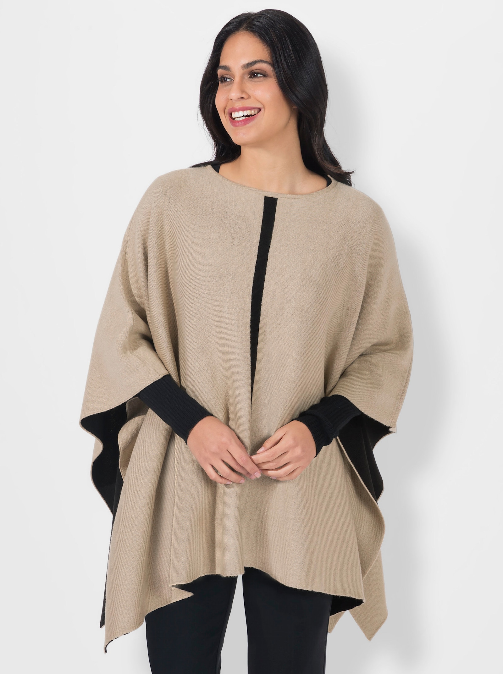 Strickponcho mit Kontrast-Streifen - beige