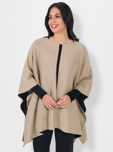 Strickponcho mit Kontrast-Streifen - beige